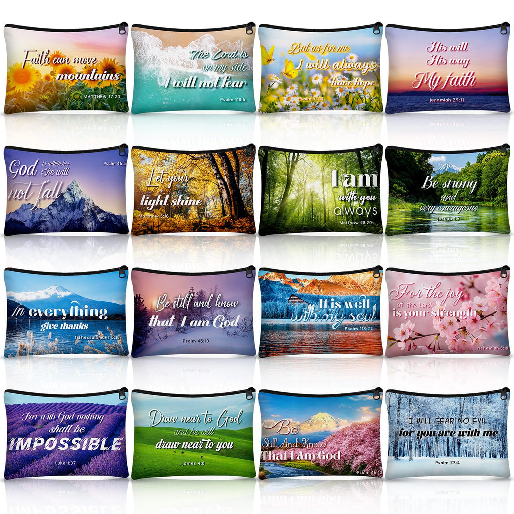 Pinkunn 16 Pcs Valentines Canvas Makeup Bags – Inspirational Bible Verse Pouches with Zipper