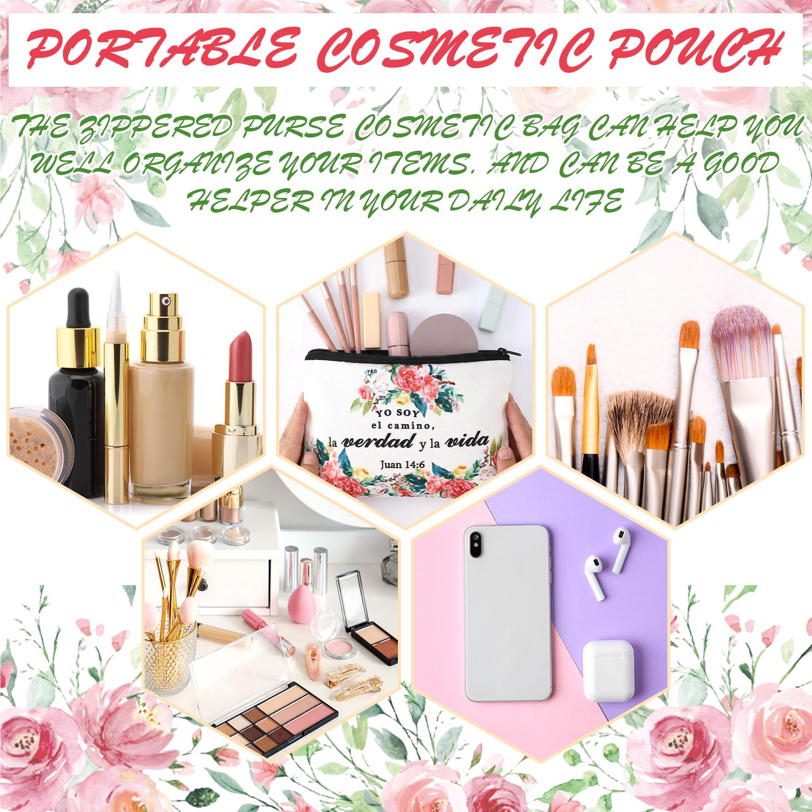 Pinkunn 16-Piece Spanish Floral Canvas Makeup Bags with Zipper – Inspirational Gift Set