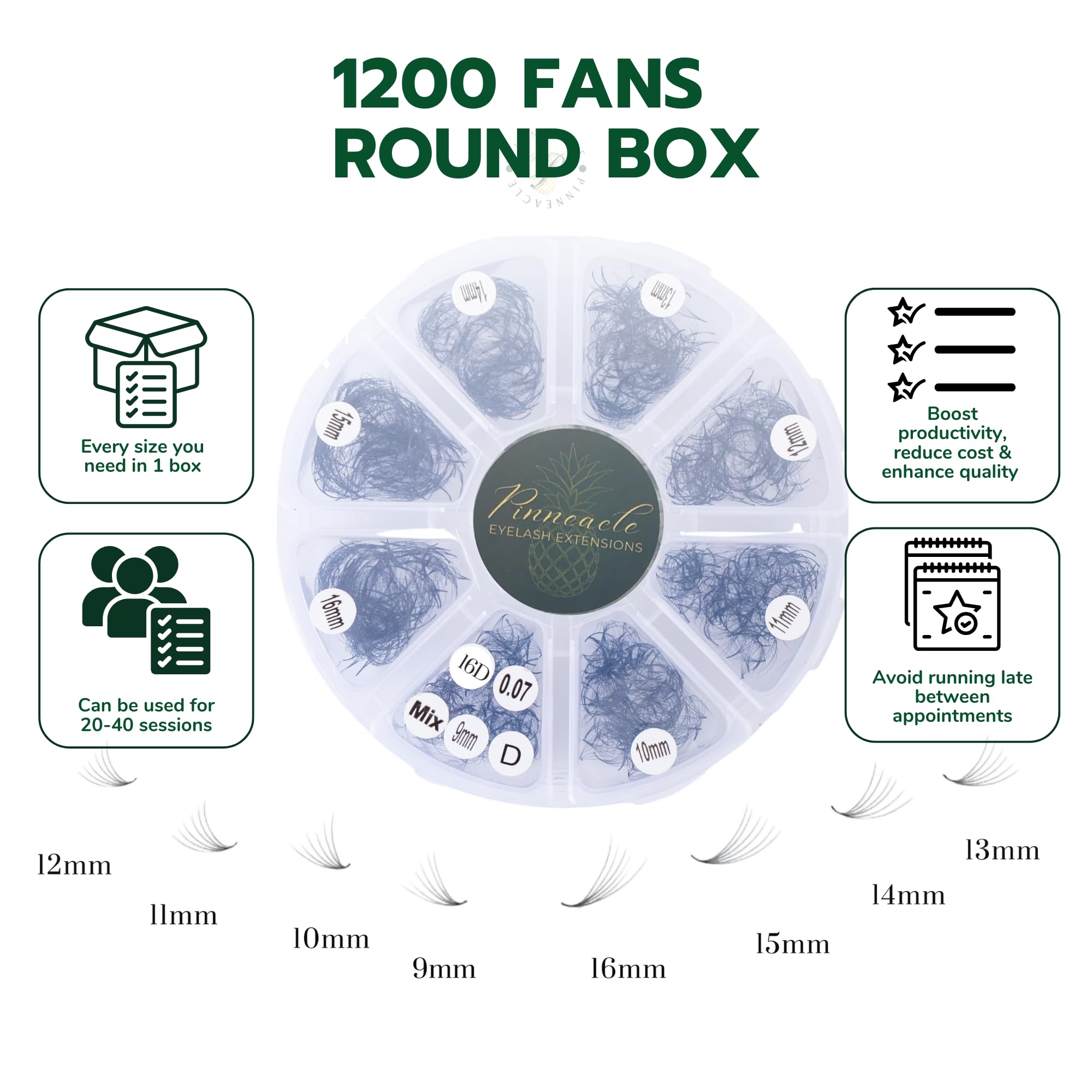 Pinneacle 6D Premade Volume Fans — 1200 Fans, 9-16mm, C/CC/D/L Curl, 0.07