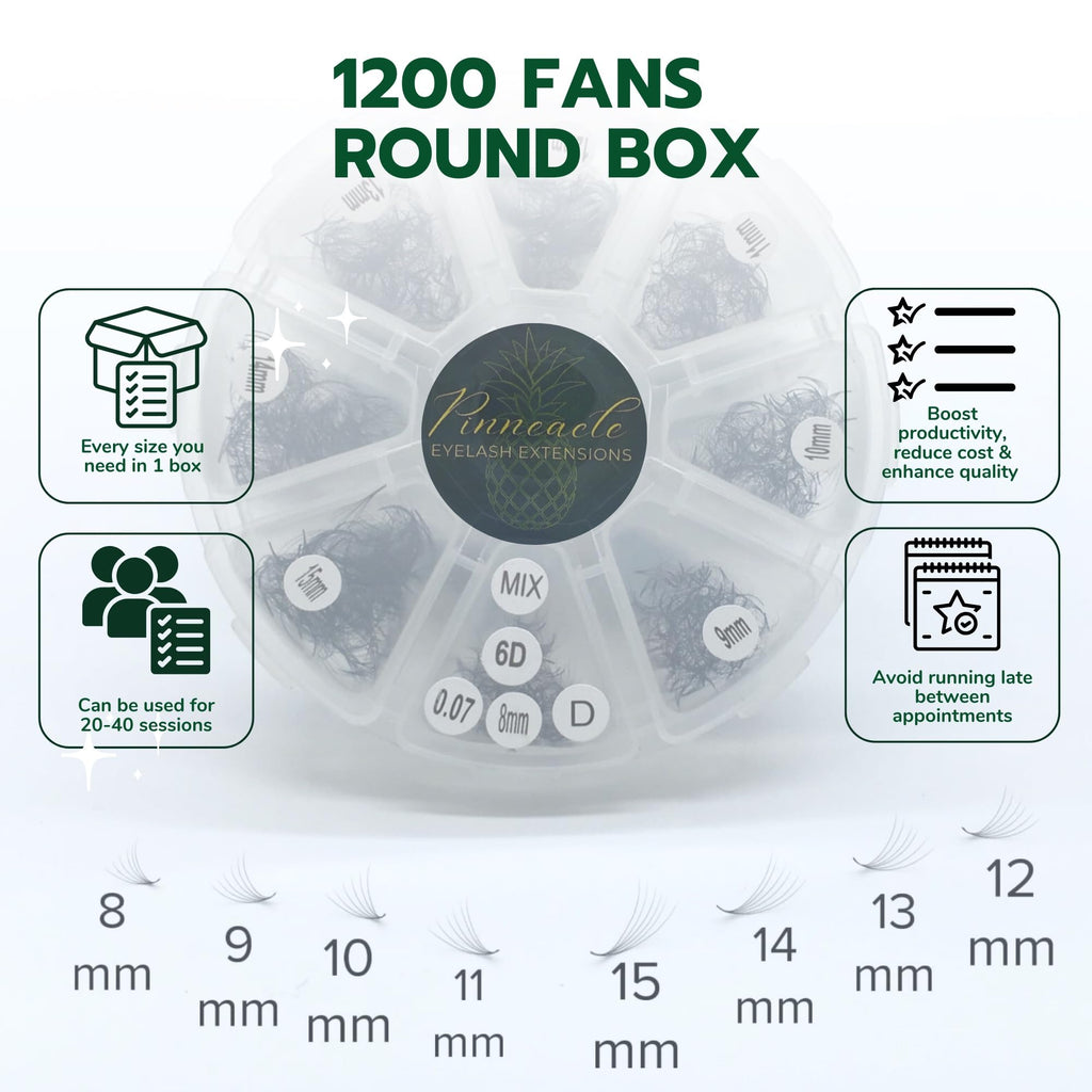 6D 1200 Premade Volume Fans – 9–16mm, 8 Curl Options (C CC D M L) 0.07mm | For Pro Lash Artists | Pinneacle