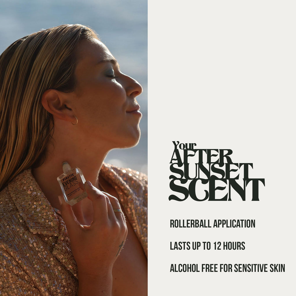PIRETTE Evening Glass Roll-On Fragrance – Beach-Inspired Scent with Dark Coconut, Warm Wood & Smoky Vanilla