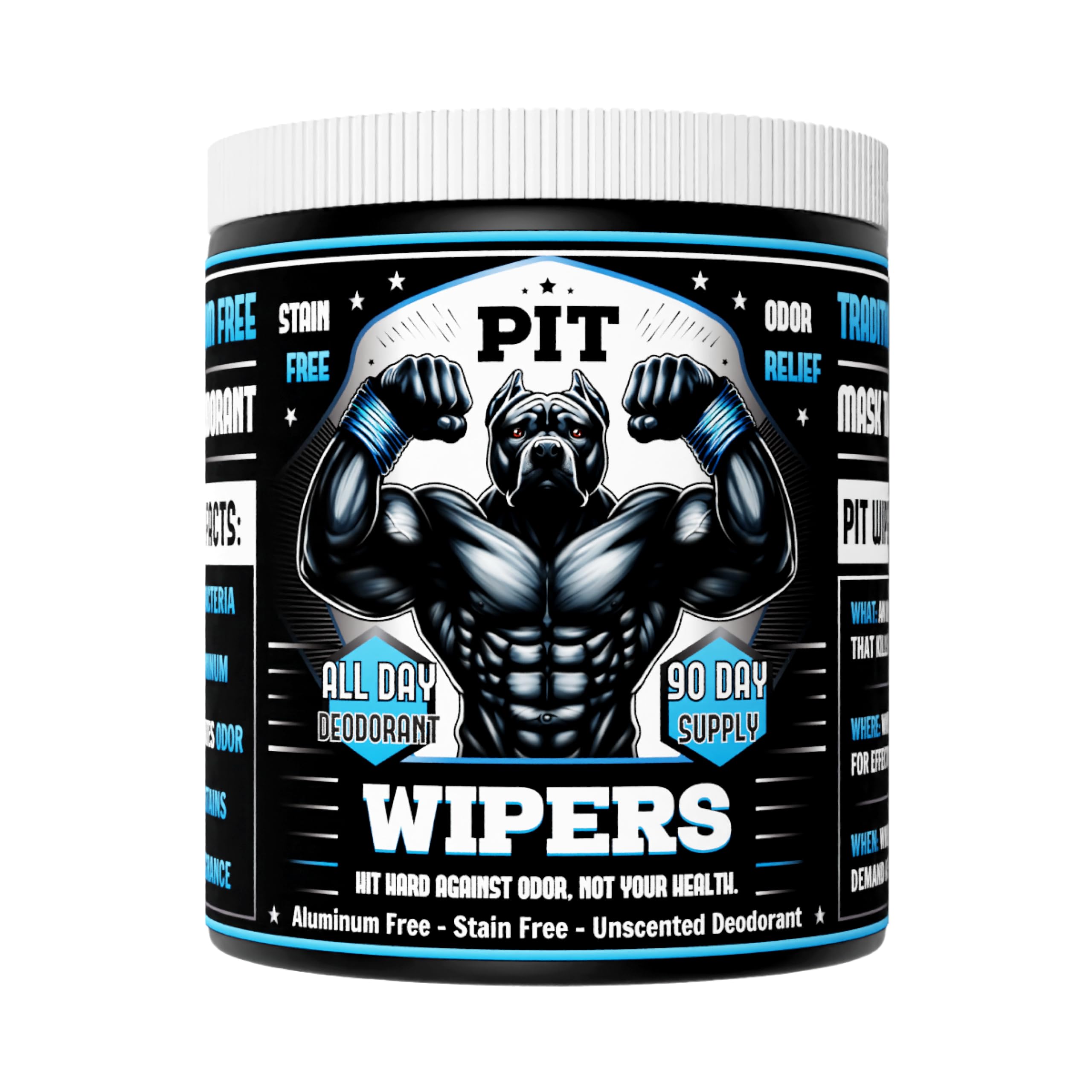Pit Wipers Aluminum-Free Unscented Underarm Deodorant Wipes – Maximum Strength, 90 Wipes (3-Month Supply)
