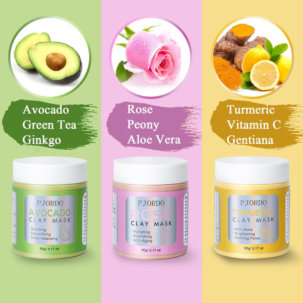 Pjordo 3 Pack Clay Masks – Turmeric Vitamin C, Avocado Green Tea & Rose Masks for Deep Cleaning