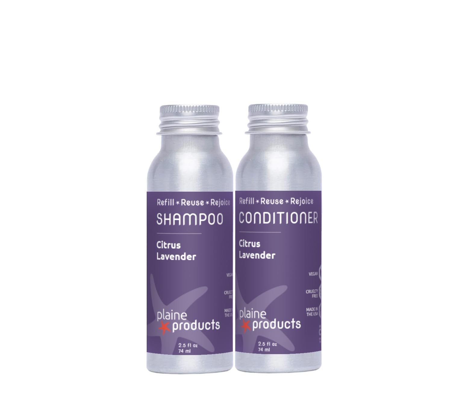 Plaine Products Citrus Lavender Travel Shampoo & Conditioner – 2.5oz Refillable Aluminum Bottles