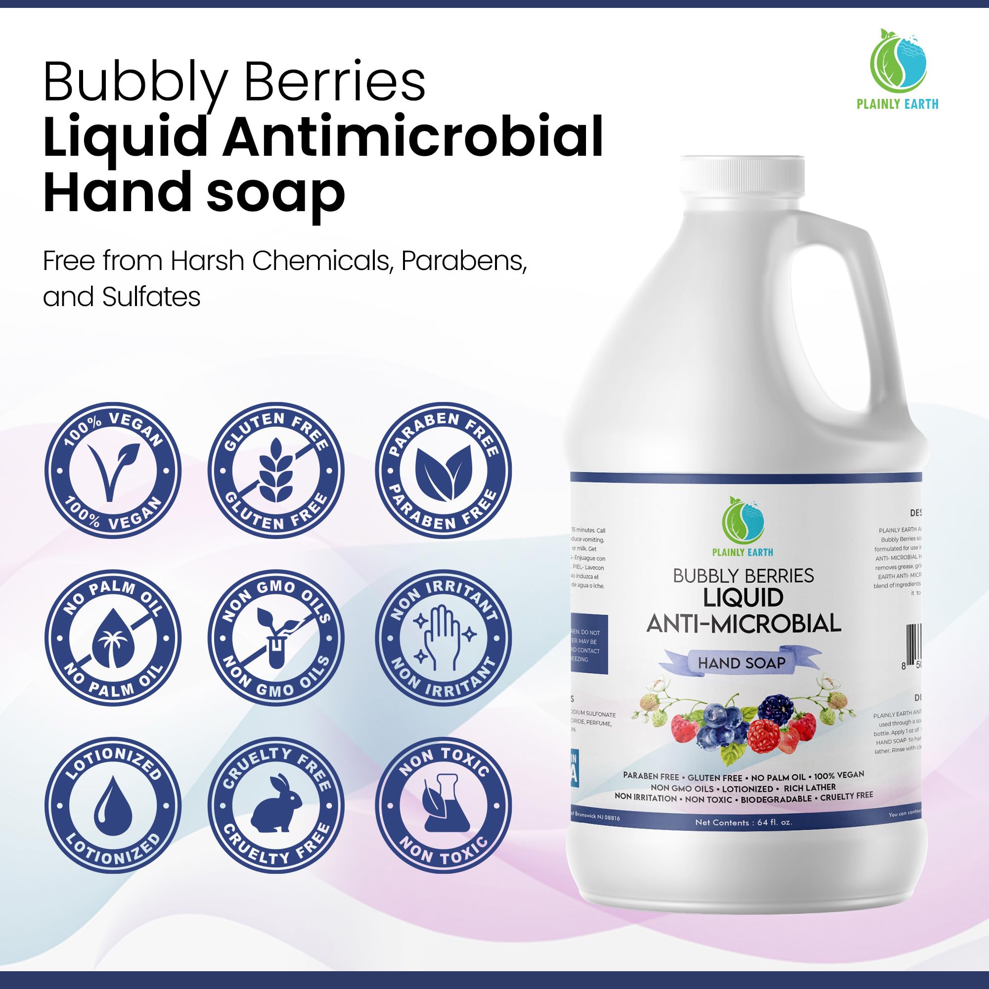 Plainly Earth Antimicrobial Hand Soap – 64oz Bulk Refill | Gentle, Vegan, Cruelty-Free