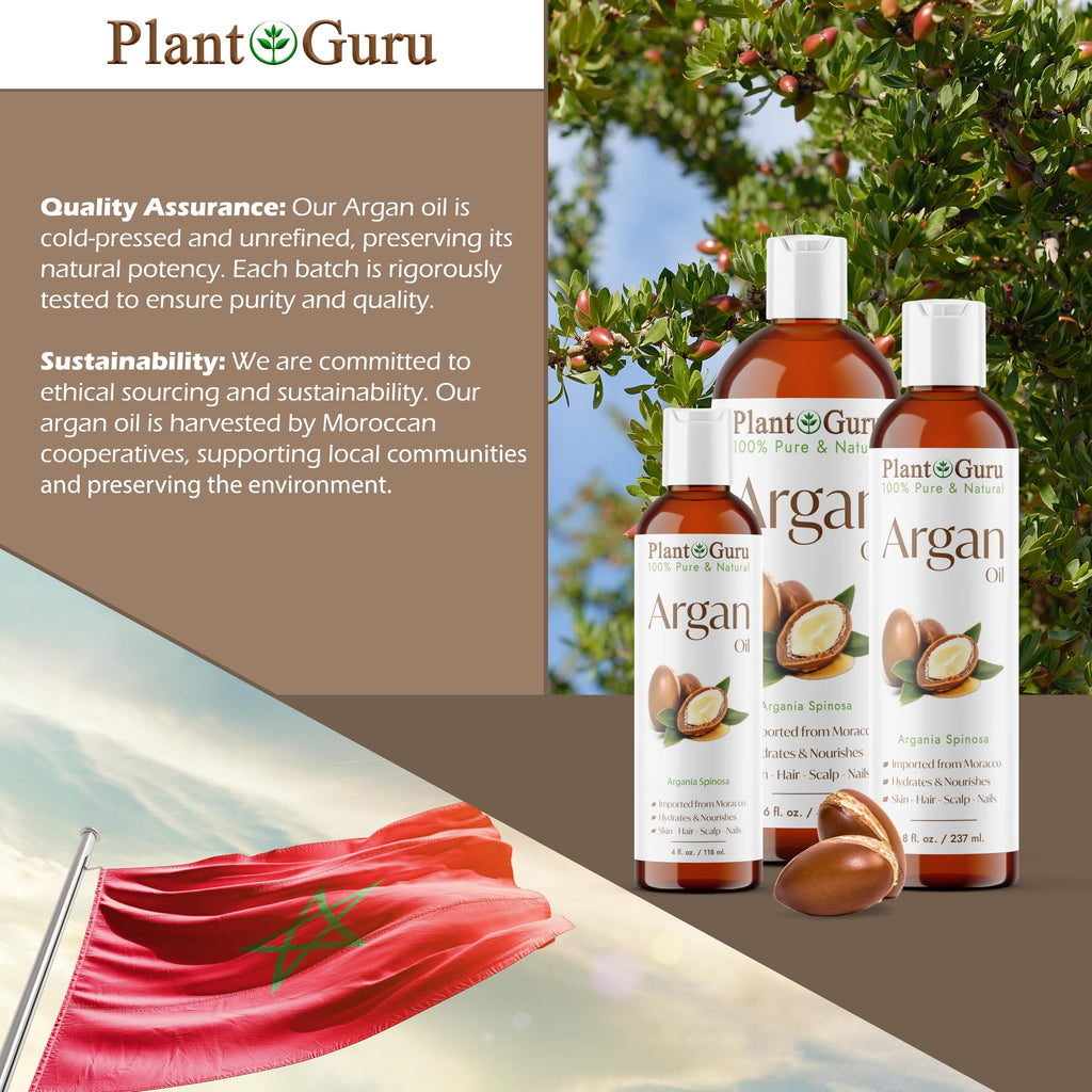 Plant Guru Argan Oil 16oz — Cold-Pressed Morocco Virgin, 100% Pure for Hair, Skin & Body