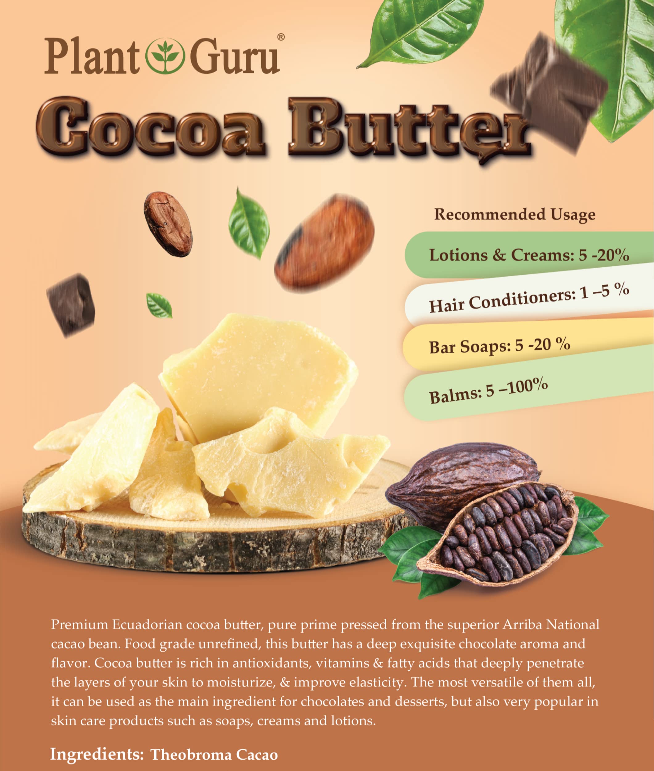 Plant Guru Raw Cocoa Butter 2-lb Bar – 100% Pure Arriba Nacional Cacao Bean
