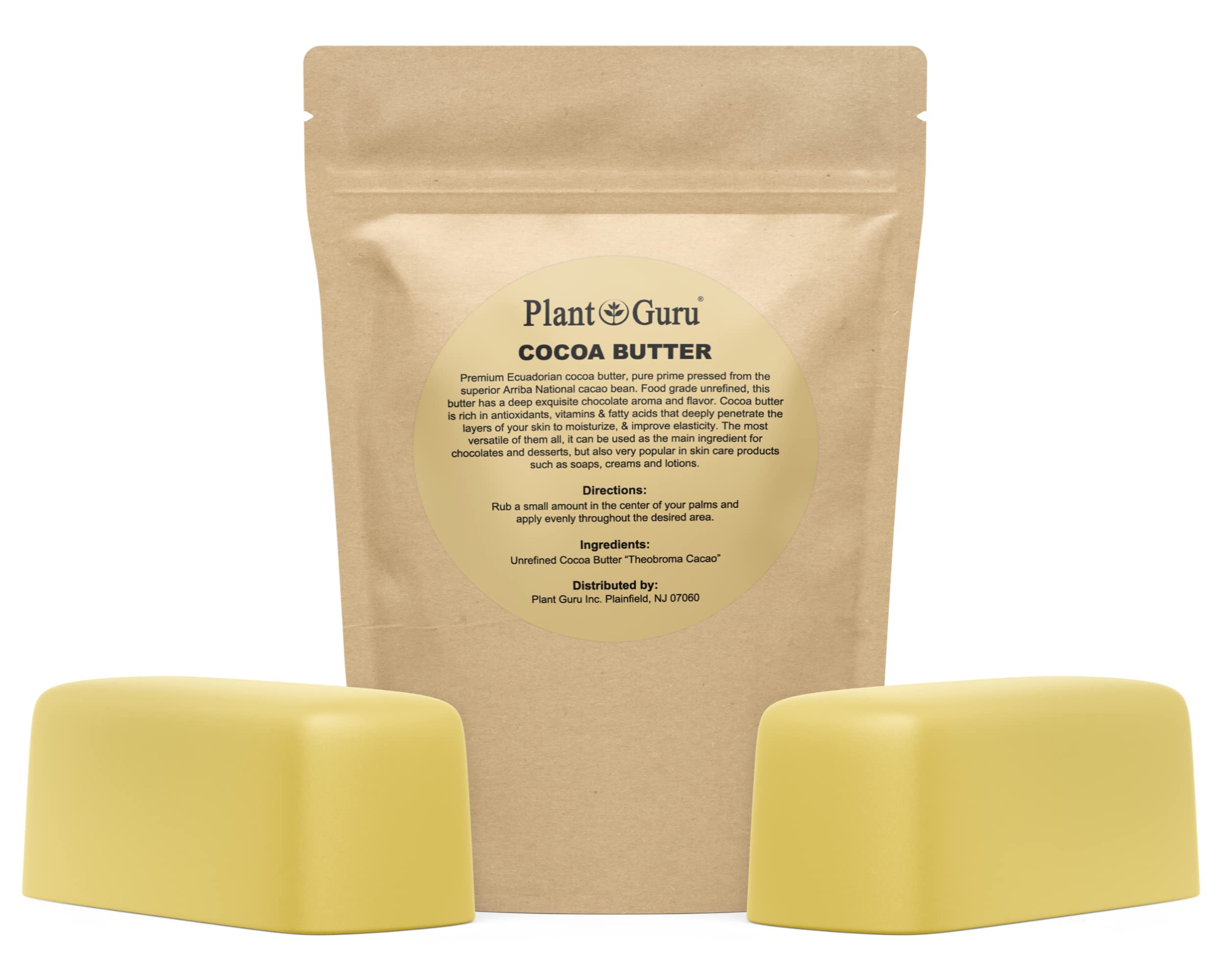 Plant Guru Raw Cocoa Butter 2-lb Bar – 100% Pure Arriba Nacional Cacao Bean