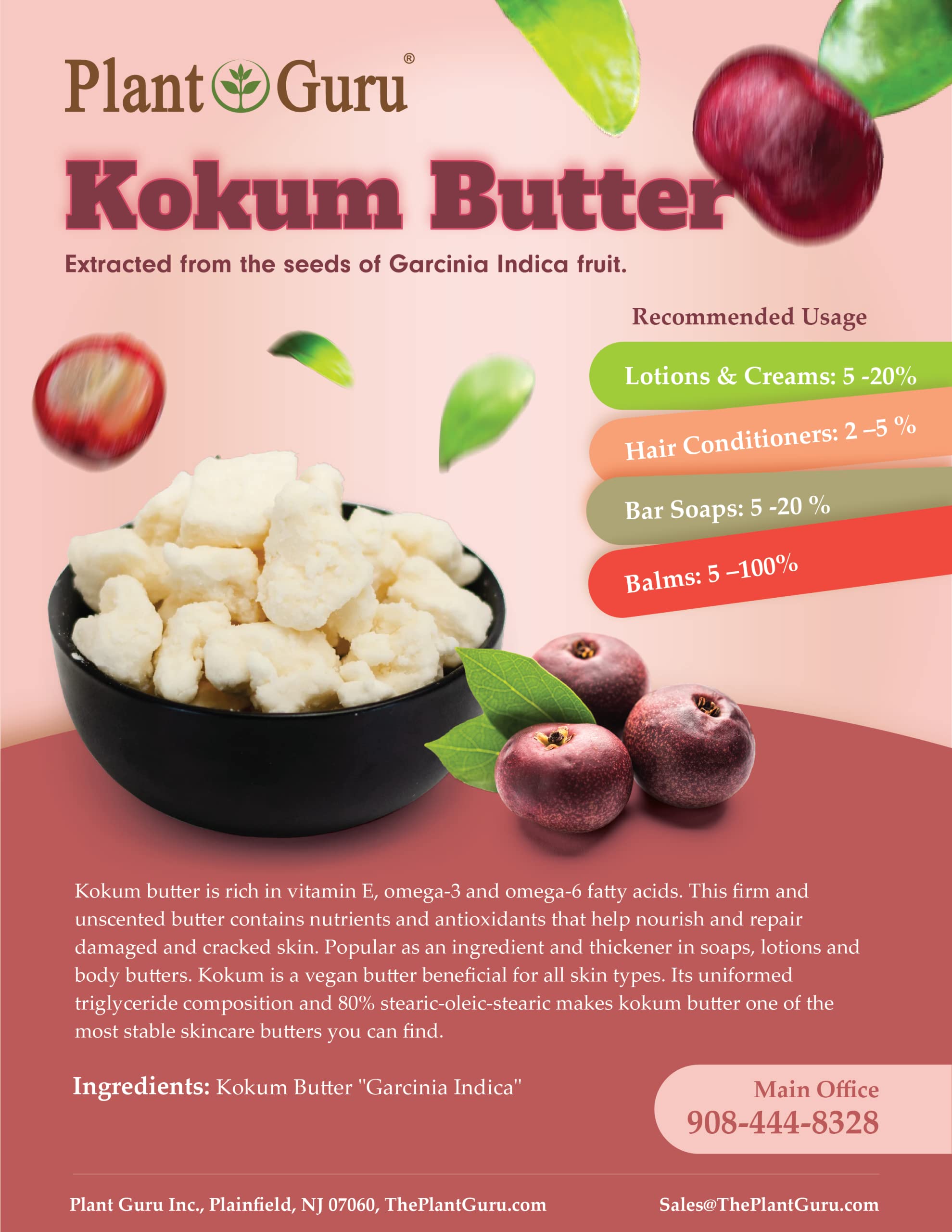 Plant Guru Raw Kokum Butter 16 oz – Pure Cold-Pressed Skin & Hair Moisturizer