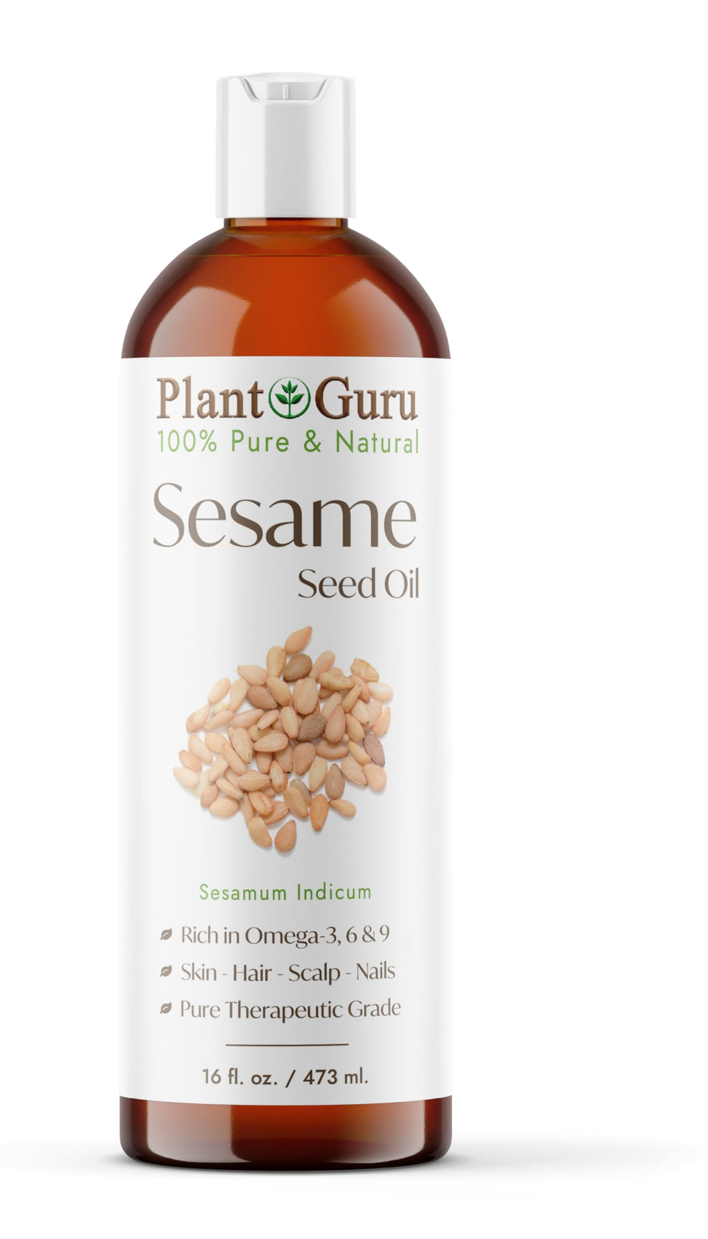 Plant Guru Sesame Seed Oil 16 fl oz – Cold-Pressed, 100% Pure Carrier for Skin, Hair & Cooking