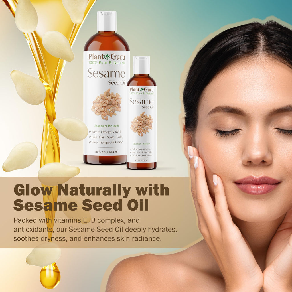 Plant Guru Sesame Seed Oil 16 fl oz – Cold-Pressed, 100% Pure Carrier for Skin, Hair & Cooking