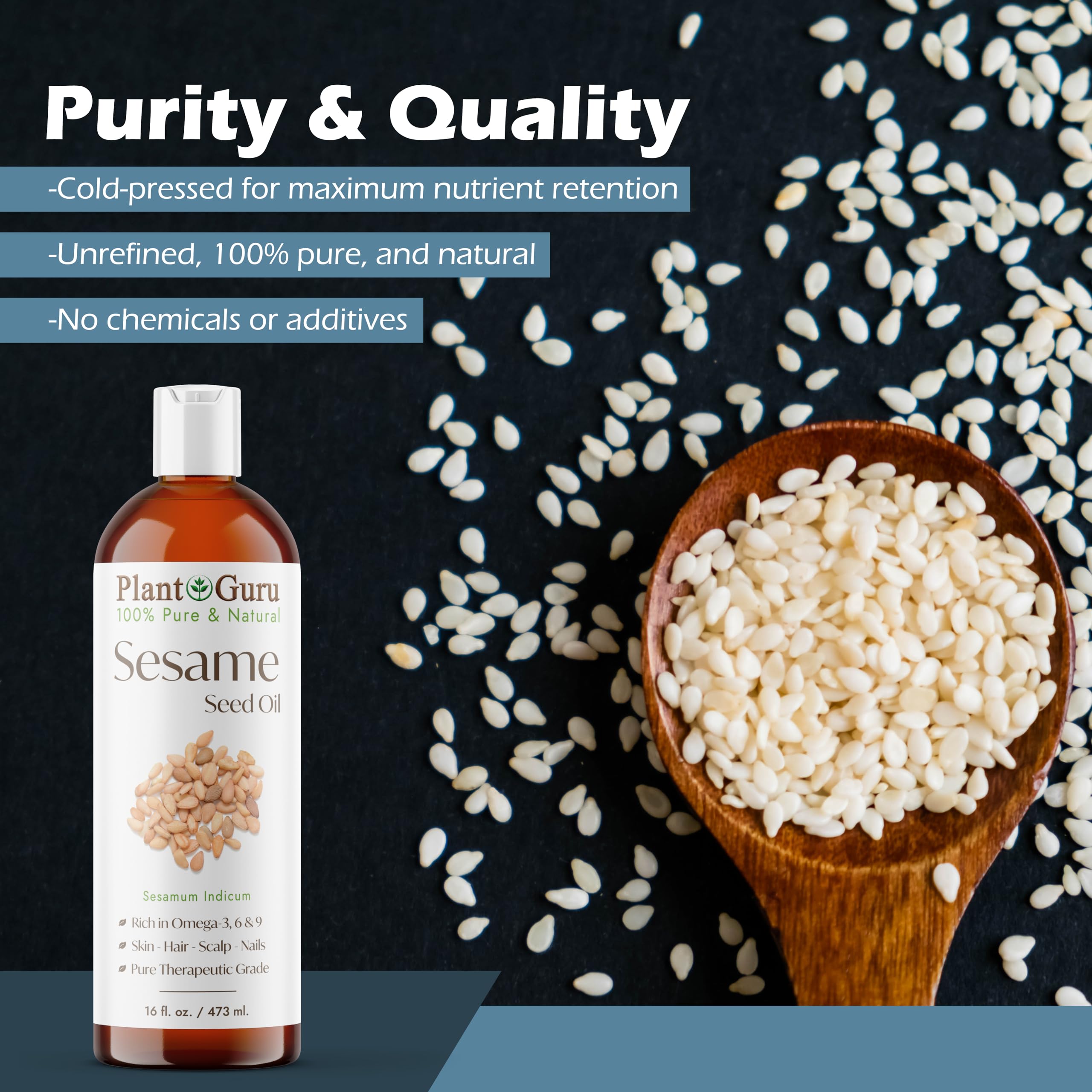 Plant Guru Sesame Seed Oil 16 fl oz – Cold-Pressed, 100% Pure Carrier for Skin, Hair & Cooking