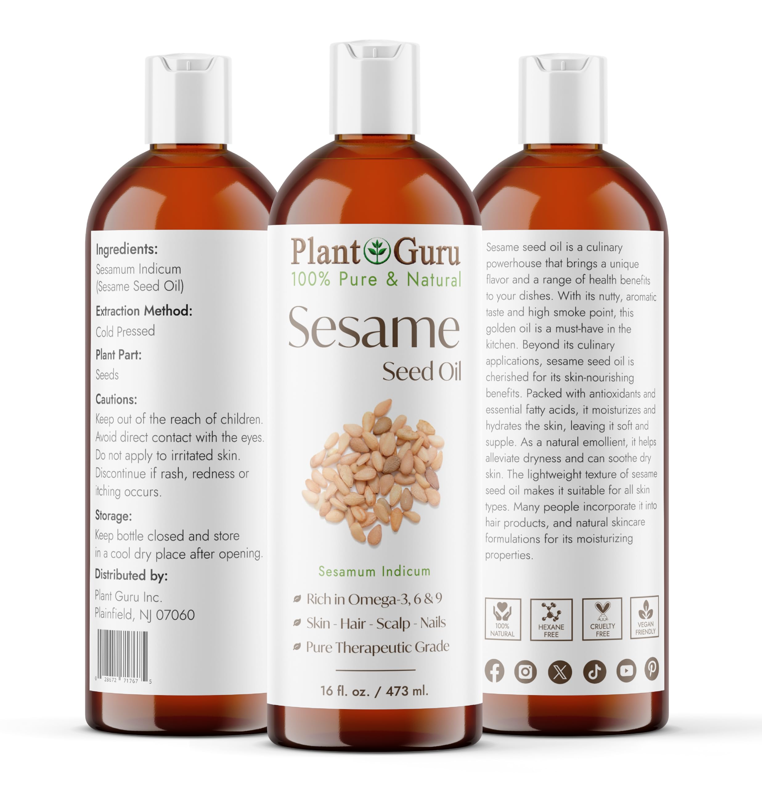 Plant Guru Sesame Seed Oil 16 fl oz – Cold-Pressed, 100% Pure Carrier for Skin, Hair & Cooking