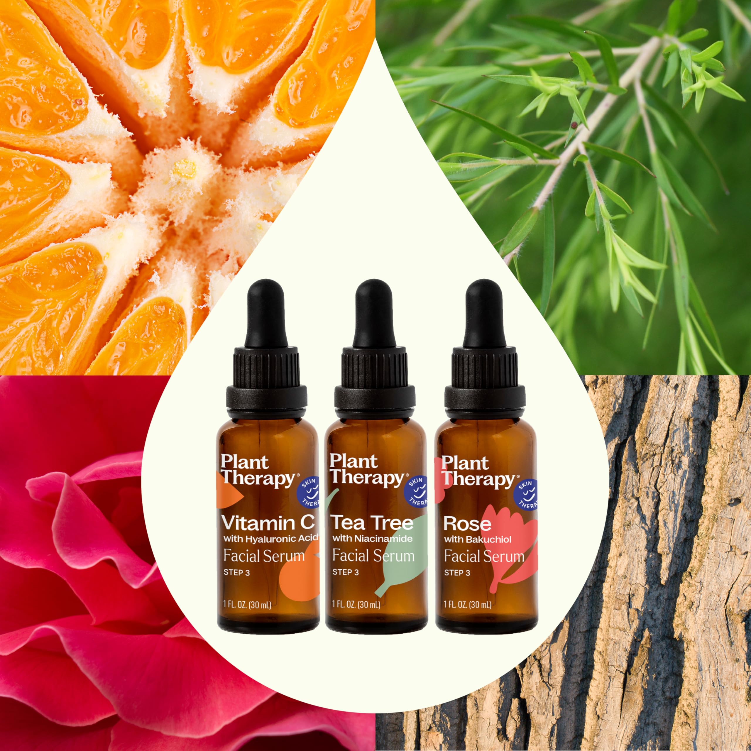 Plant Therapy Facial Serum Trio Set – Rose Bakuchiol, Tea Tree Niacinamide, Vitamin C Hyaluronic Acid