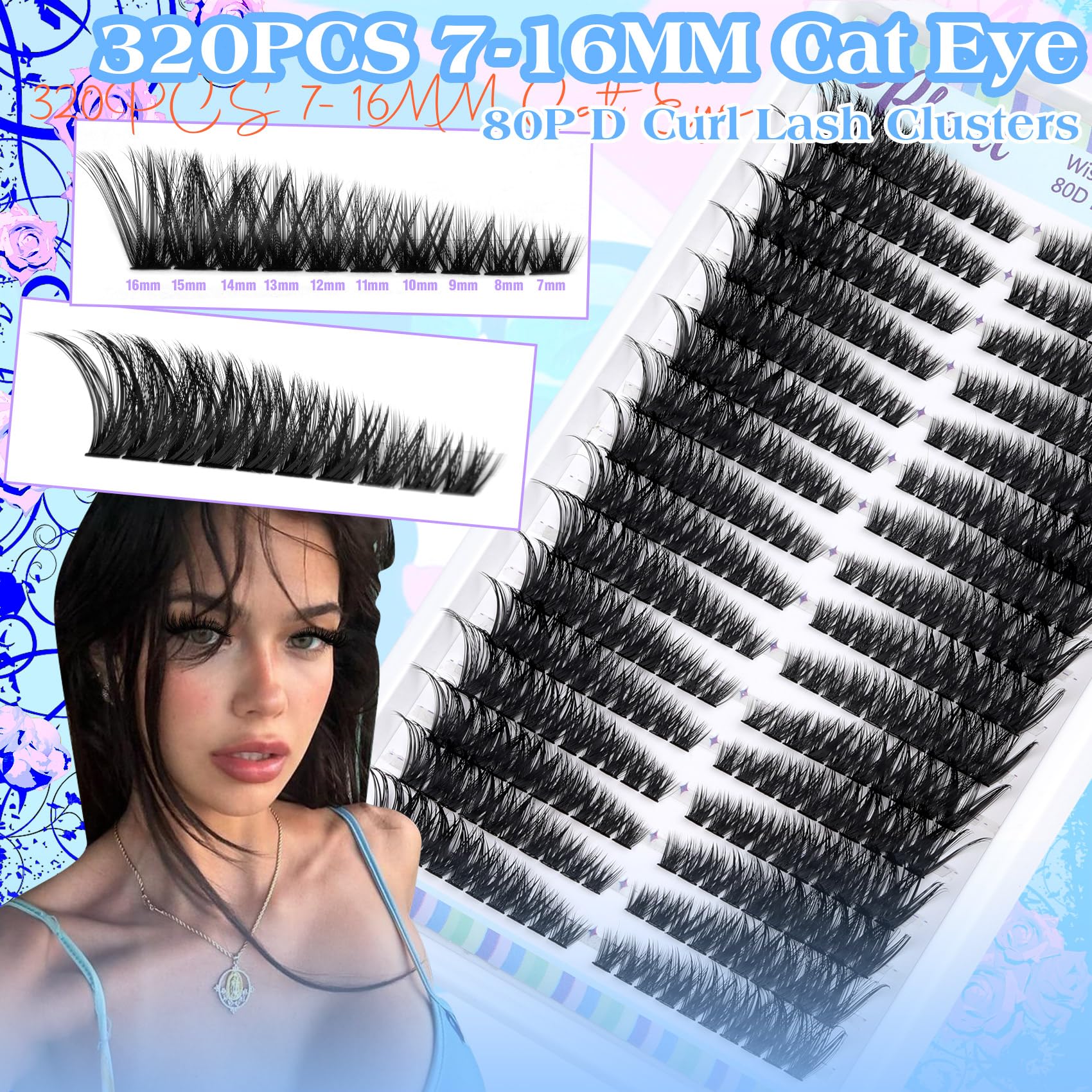 Pleell Lash Clusters 320 Pcs – Cat Eye 7-16mm 80D DIY Lashes