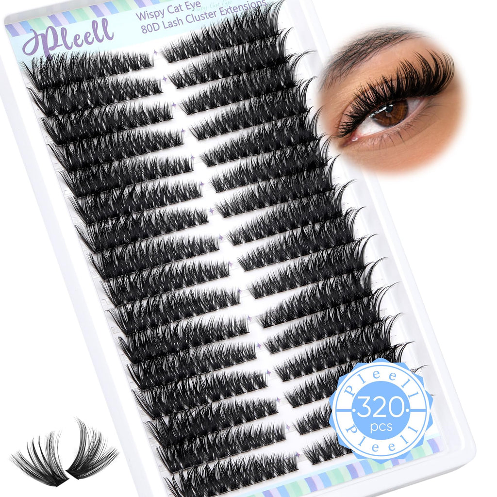 Pleell Lash Clusters 320 Pcs – Cat Eye 7-16mm 80D DIY Lashes