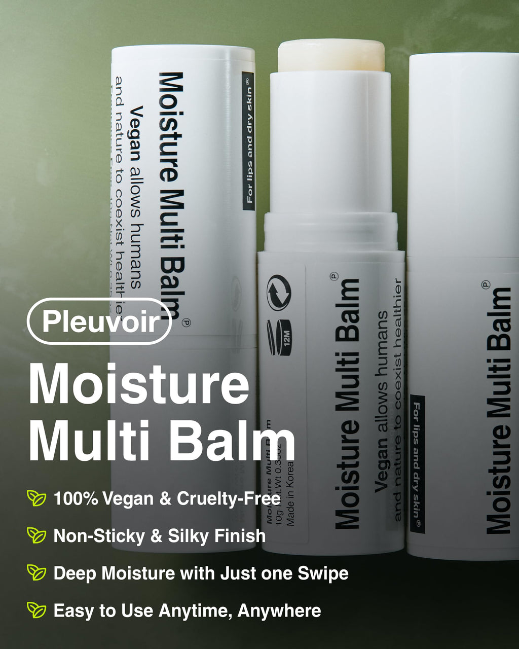 Pleuvoir Korean Moisture Multi Balm Fragrance-Free – Lip & Dry Skin Care with Sunflower Seed Oil & Shea Butter | Vegan K-Beauty 0.35oz