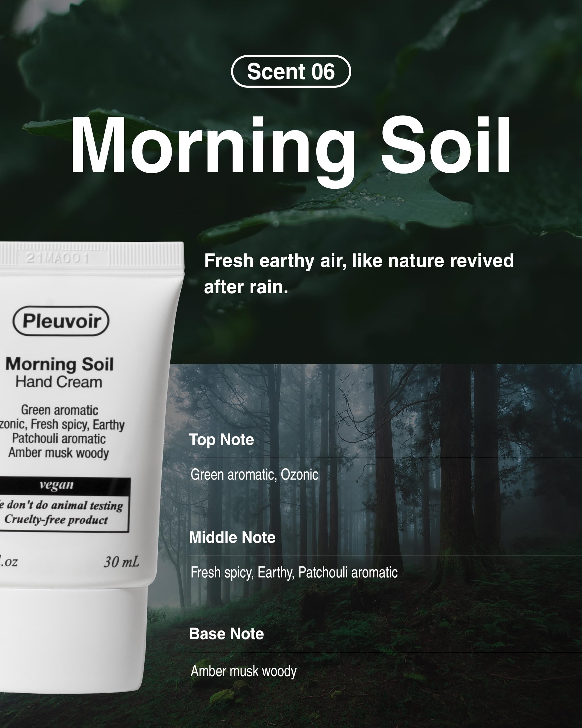 Pleuvoir Morning Soil Hand Cream – Fresh Earthy Ozonic Scent, Lightweight Hydration