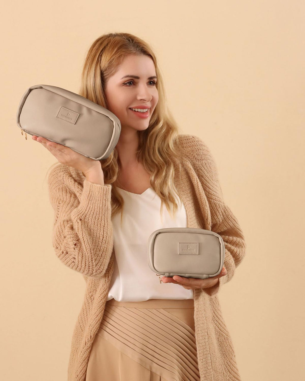 Pocmimut Makeup Bag 2-Pack Open Flat Small Cosmetic Pouch with Divider – Apricot