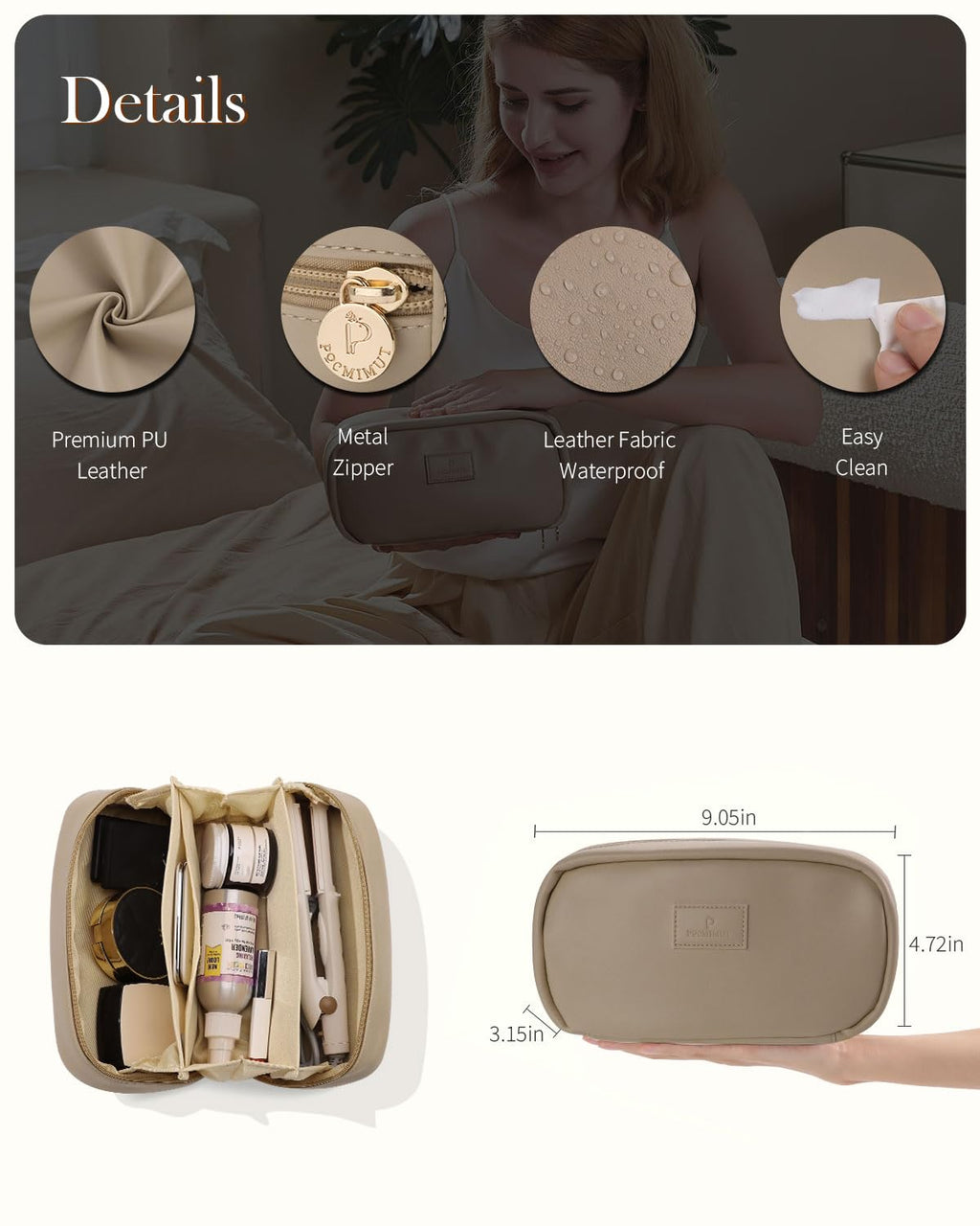 Pocmimut Makeup Bag 2-Pack Open Flat Small Cosmetic Pouch with Divider – Apricot