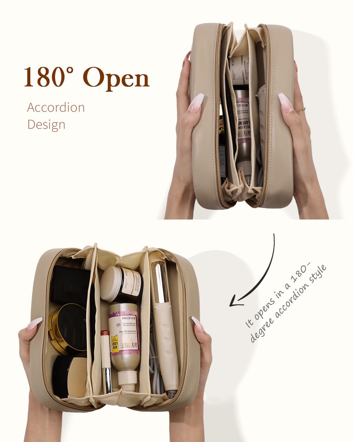 Pocmimut Makeup Bag 2-Pack Open Flat Small Cosmetic Pouch with Divider – Apricot