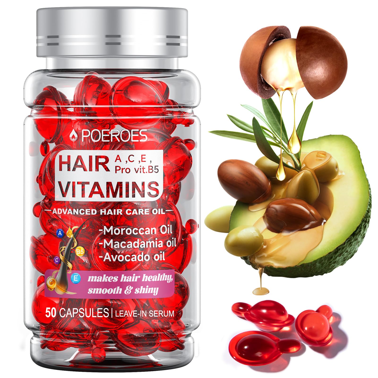 POEROES Hair Oil 50 Capsules – Argan & Avocado Leave-In Serum for Frizz Control