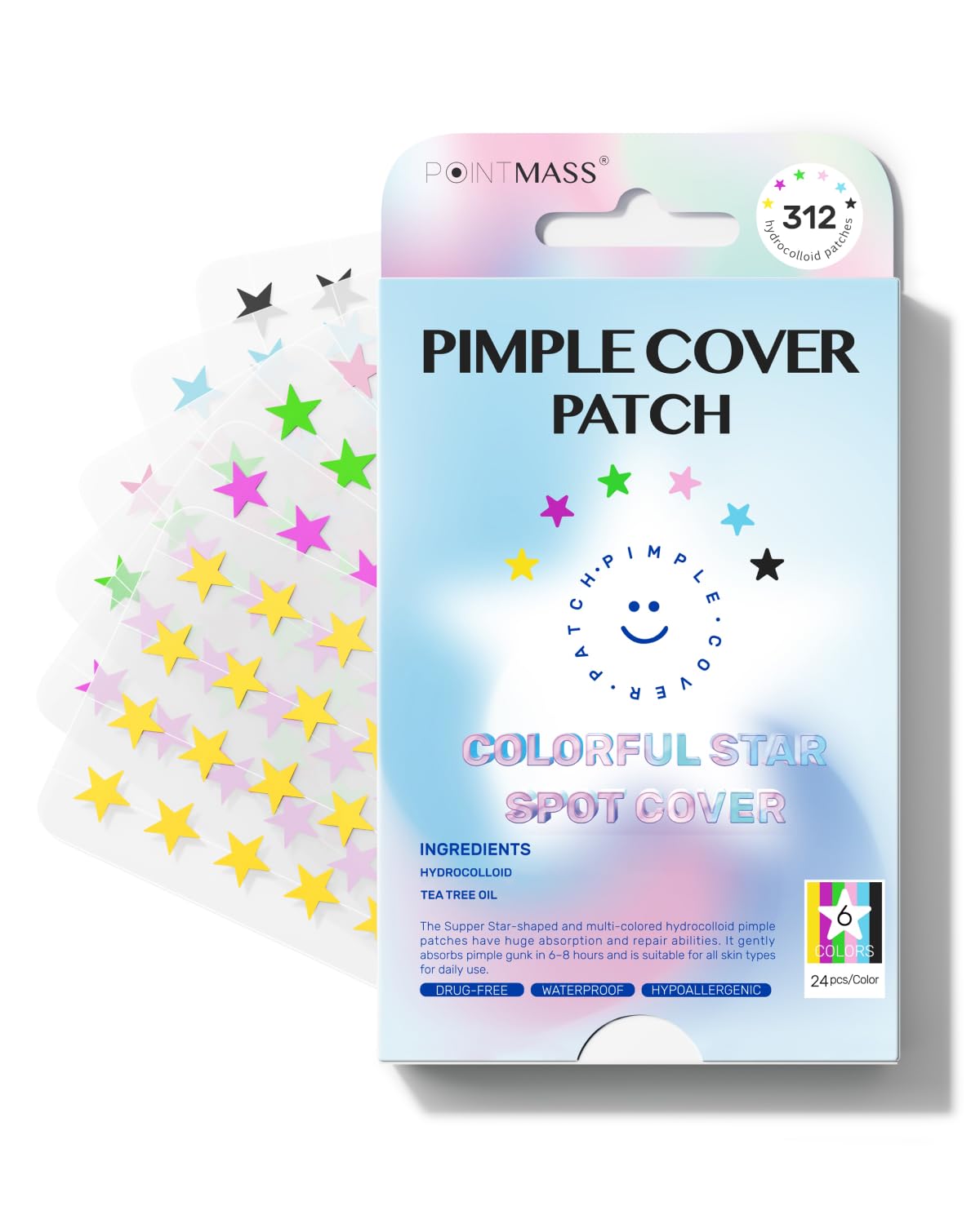 POINTMASS Star Pimple Patches – 6 Colors, 312 Patches, Overnight Care