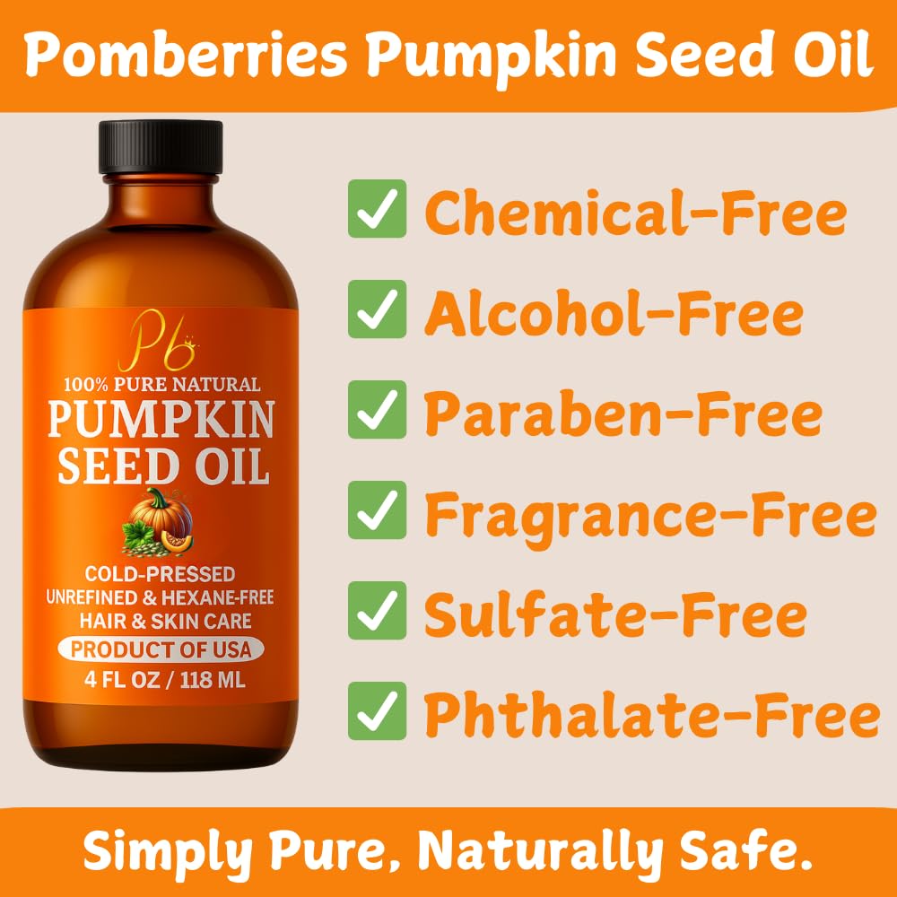 Pomberries Pumpkin Seed Oil – Cold-Pressed & 100% Pure, 4 oz Glass Bottle