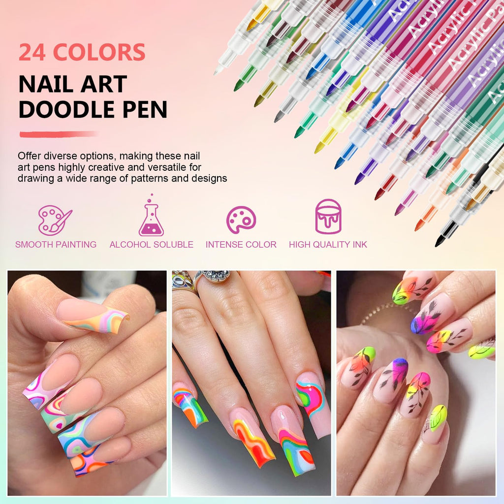 Ponhey 24 Colors Nail Art Pens Set – 0.7mm Quick-Dry Nail Markers for DIY Manicure