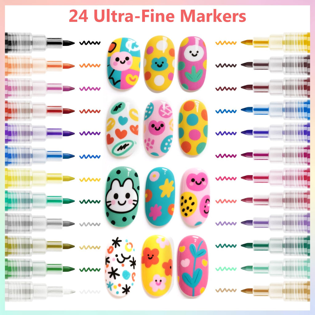 Ponhey 24 Colors Nail Art Pens Set – 0.7mm Quick-Dry Nail Markers for DIY Manicure