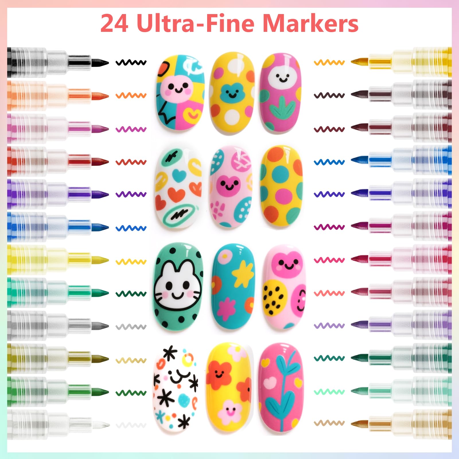 Ponhey 24 Colors Nail Art Pens Set – 0.7mm Quick-Dry Nail Markers for DIY Manicure