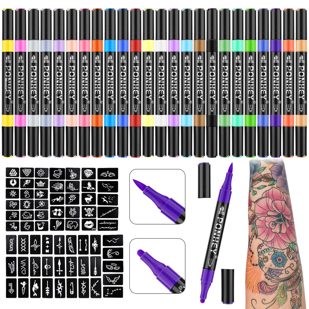Ponhey Temporary Tattoo Markers Kit – 24 Colors, 67 Stencils, Dual-End Pens, Skin-Safe Body Art