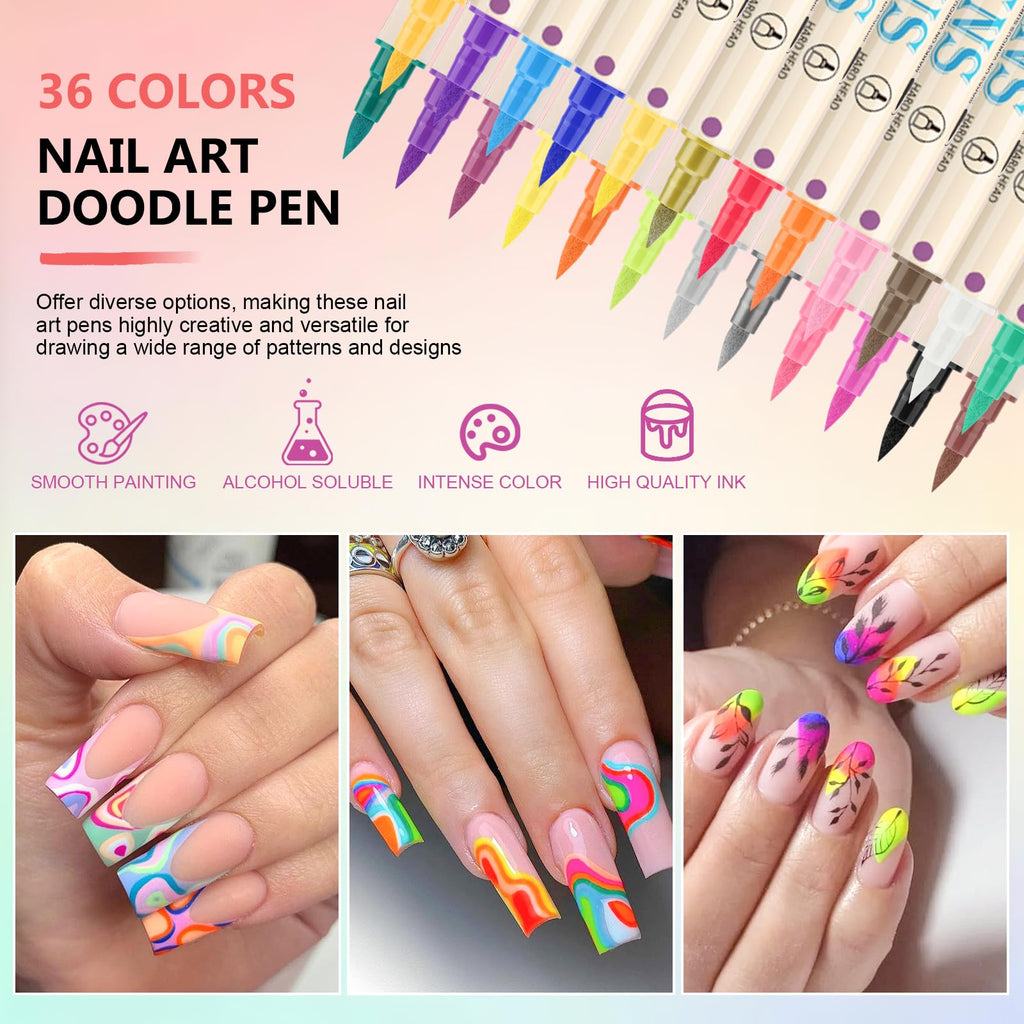 Ponhey 36 Colors Nail Art Pens Set – 0.7mm Quick-Drying Acrylic Markers for Nail Design, Dots & Lines, Home & Salon DIY