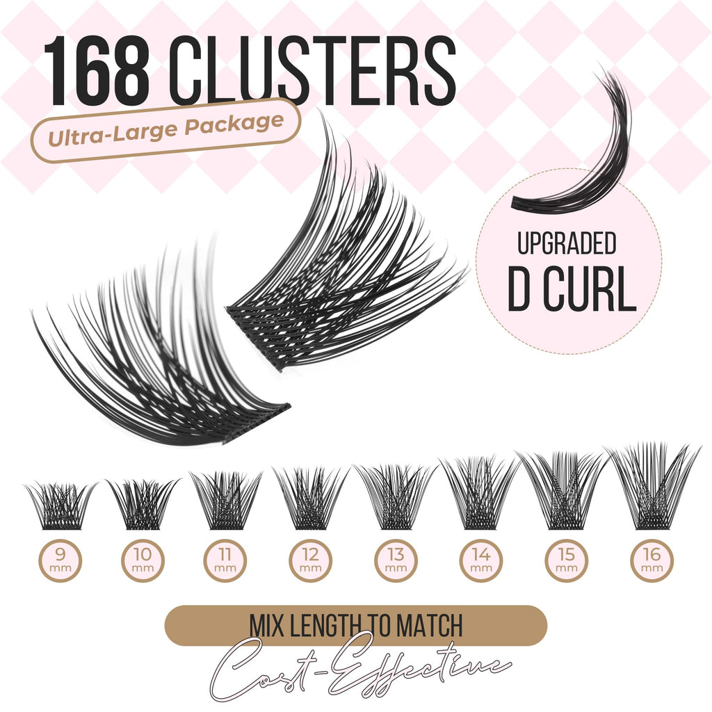 PopUp Cluster Lashes 168pcs Wispy Lashes – DIY D Curl Clusters 9-18mm Mix