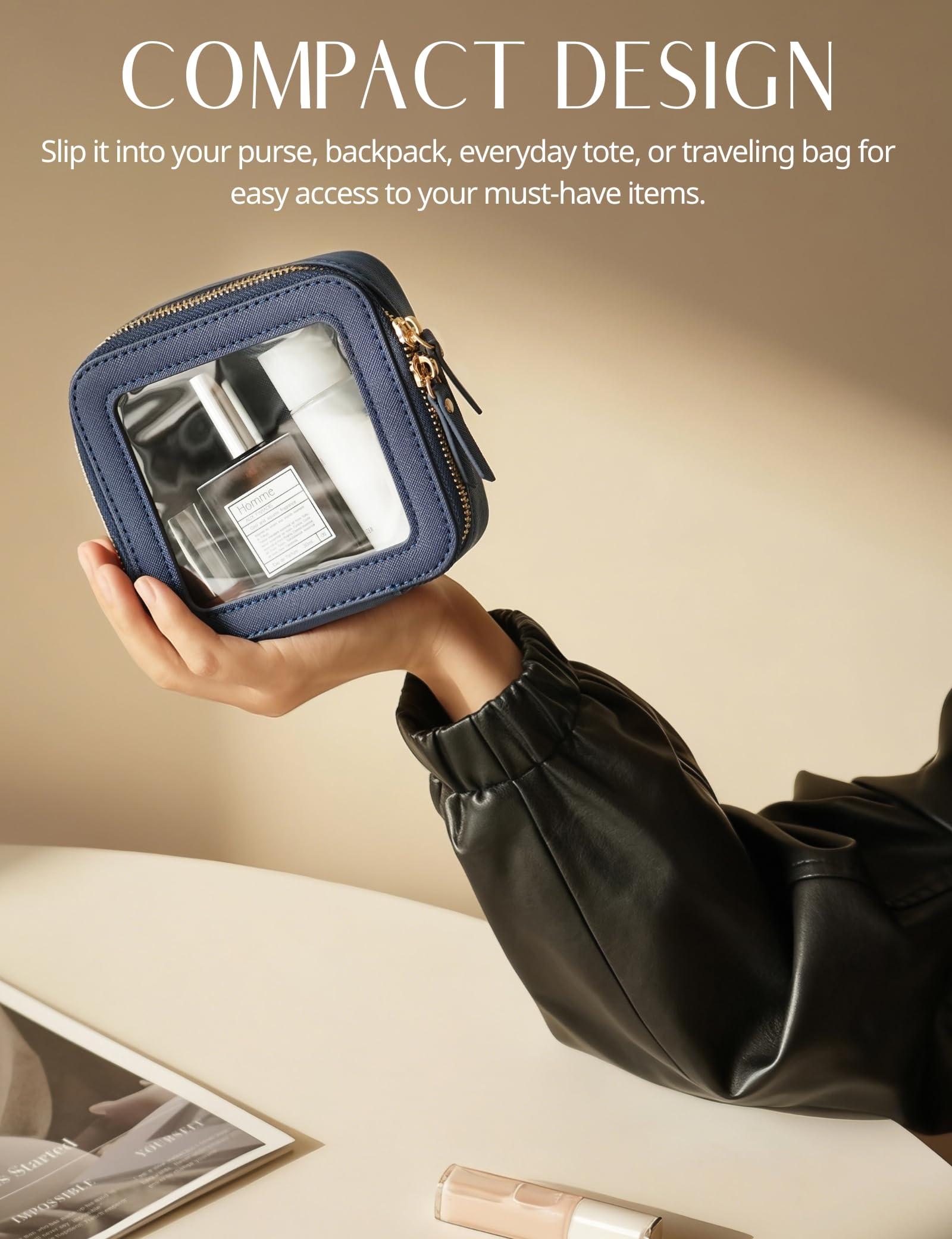 Popvibe Clear Makeup Bag with Zipper — Navy Blue Mini Pouch for Travel & Purse Organization