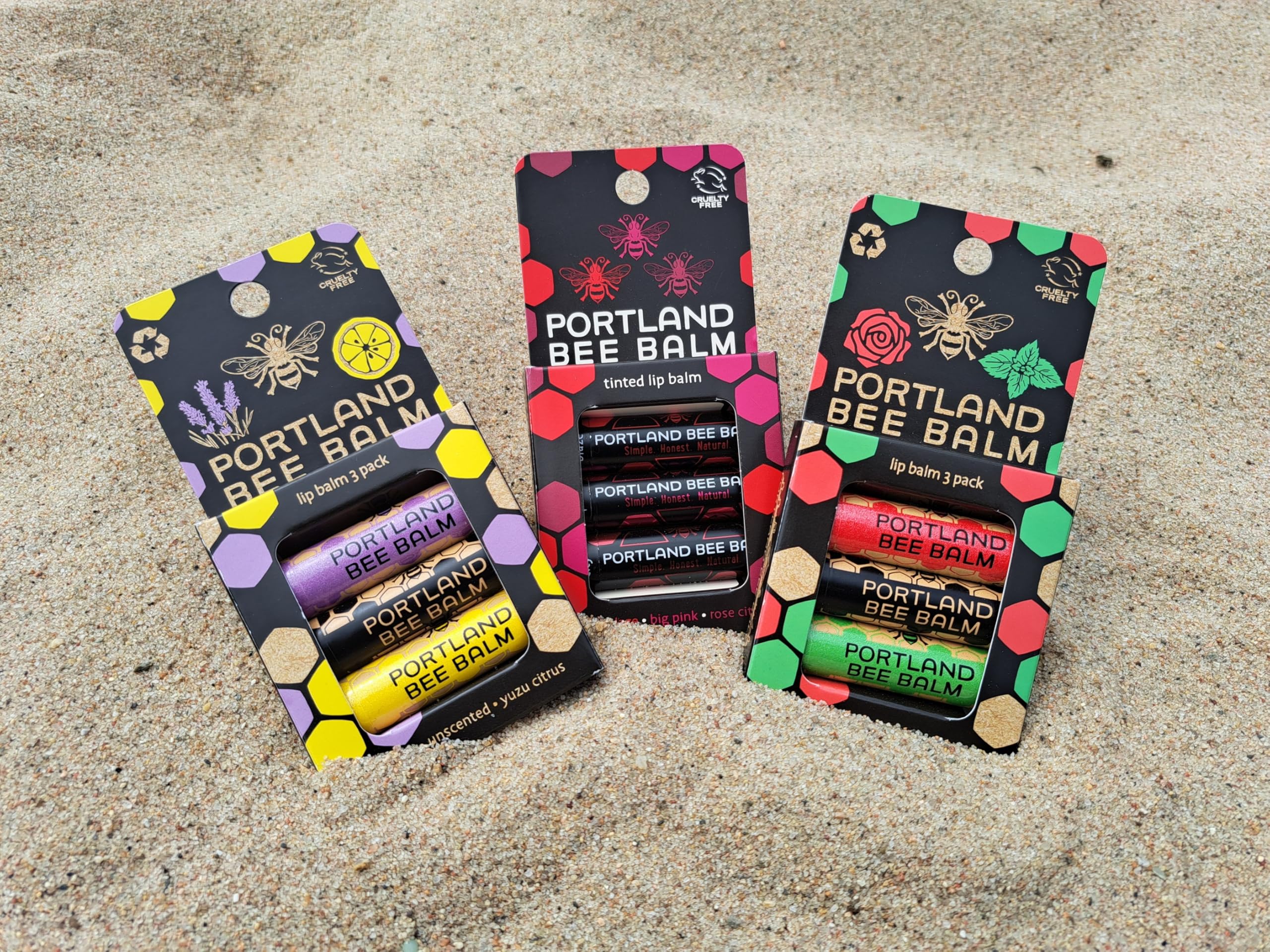 Portland Bee Balm All Natural Handmade Lip Balm Set – Unscented, Yuzu Citrus & Lavender (3 Count)
