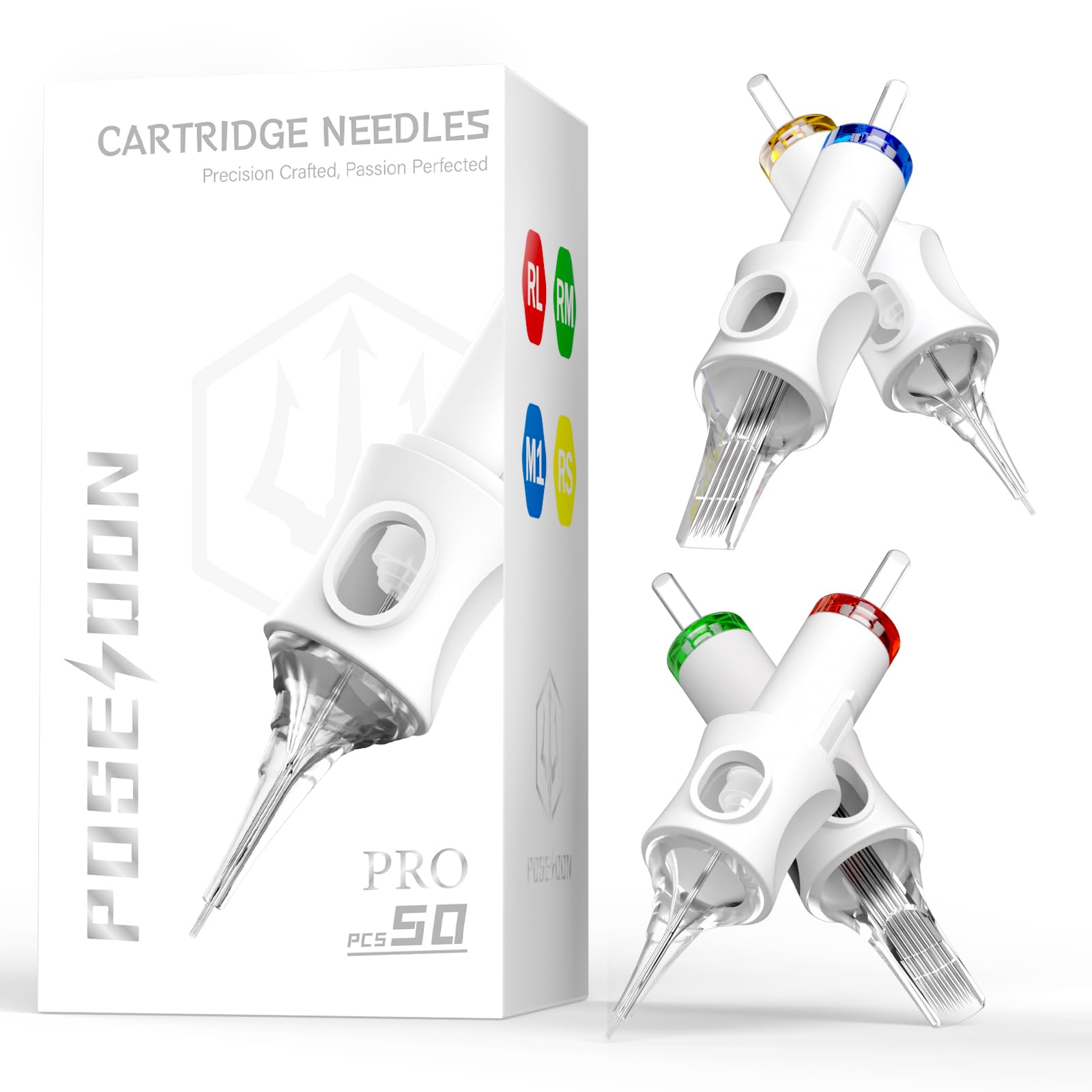 POSEIDON Professional Tattoo Cartridges 50-Pack – Assorted Sizes, 0.35" Universal Fit (3RL/5RL/7RL/9RL, 5RS/9RS, 9RM/11RM/15RM, 7M1)