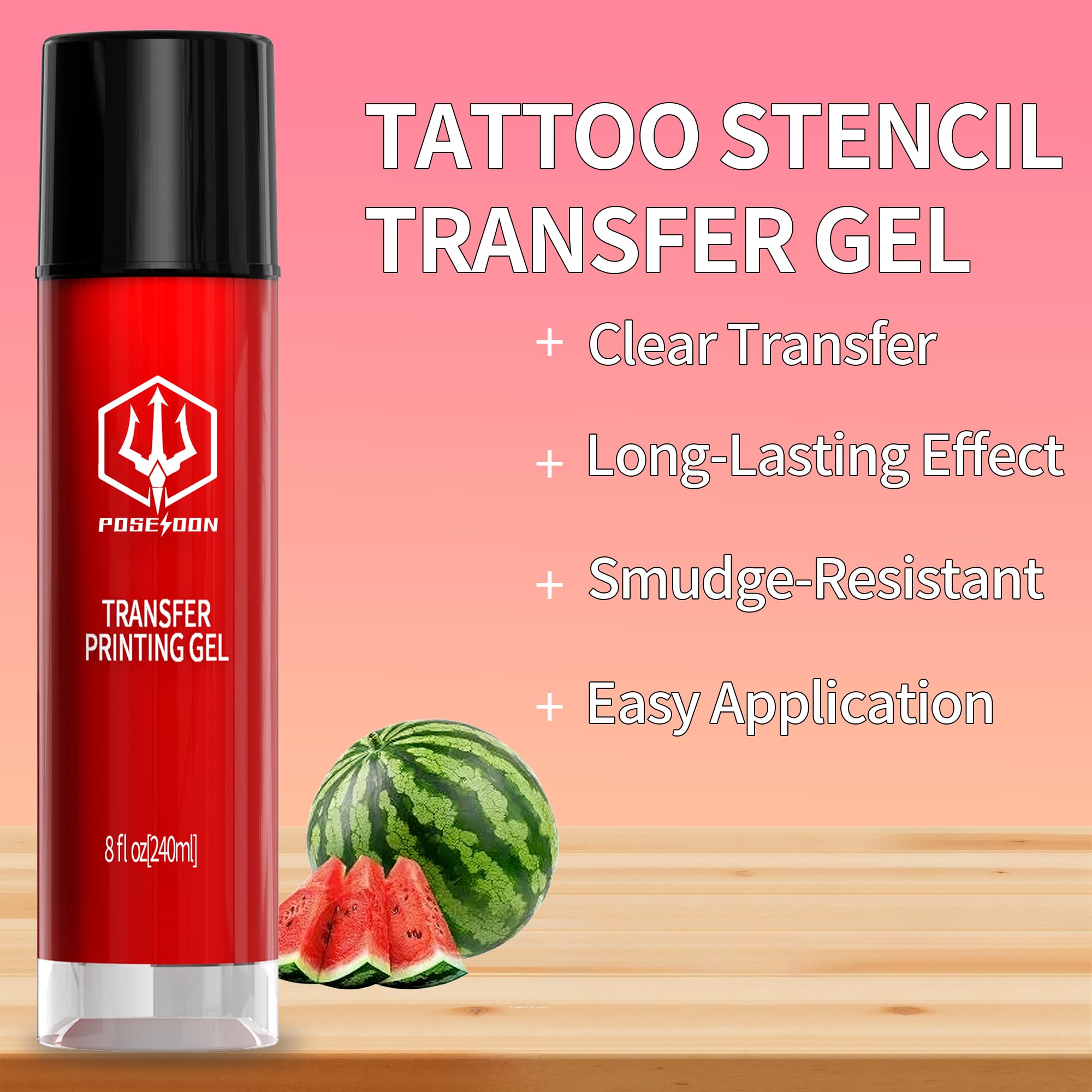 POSEIDON Tattoo Stencil Transfer Gel — 8 oz, Long-Lasting & Smudge-Proof, Watermelon Scent