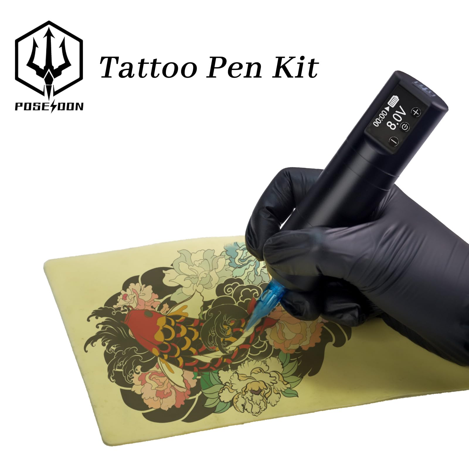 POSEIDON Cordless Tattoo Pen Kit for Beginners – LED Display, 2 Batteries & 20 Needles