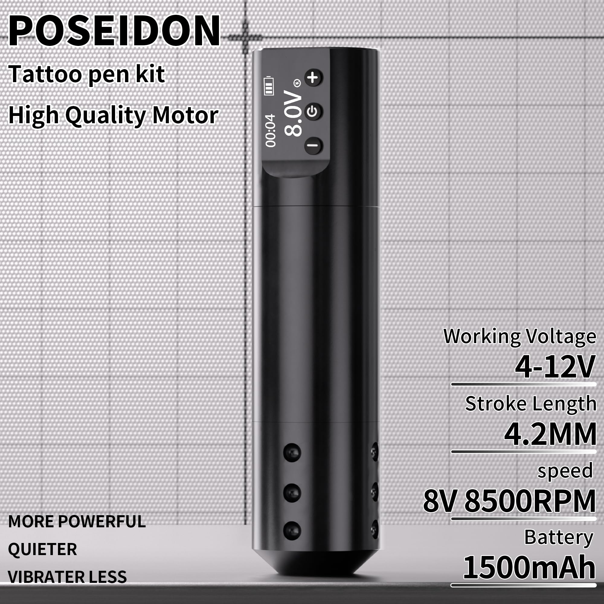 POSEIDON Cordless Tattoo Pen Kit for Beginners – LED Display, 2 Batteries & 20 Needles