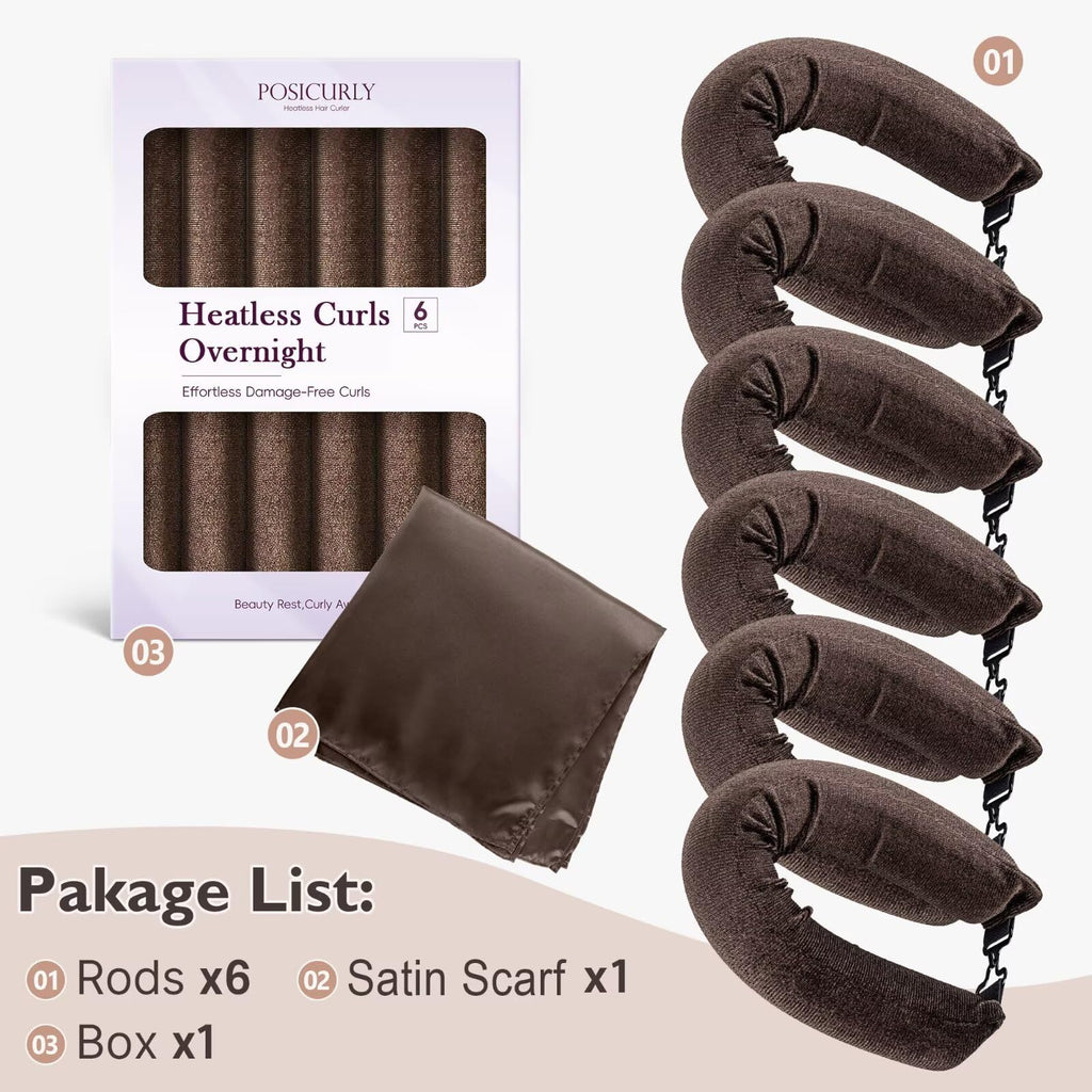 Posicurly Overnight Hair Curlers – Heatless Curls 6-Pack with Satin Scarf