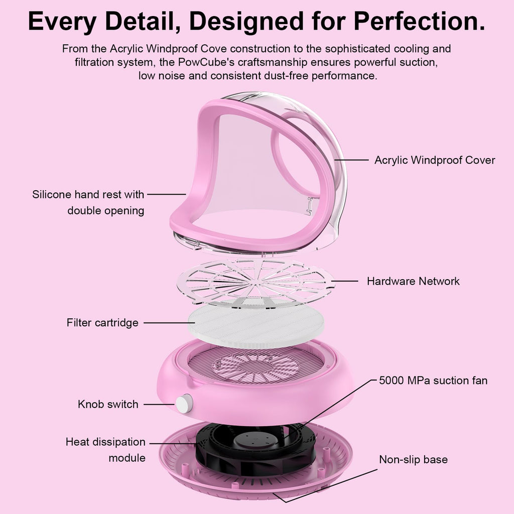 PowCube Nail Dust Collector with Transparent Airflow Shield – 5000RPM Ultra Quiet Vacuum (Pink)