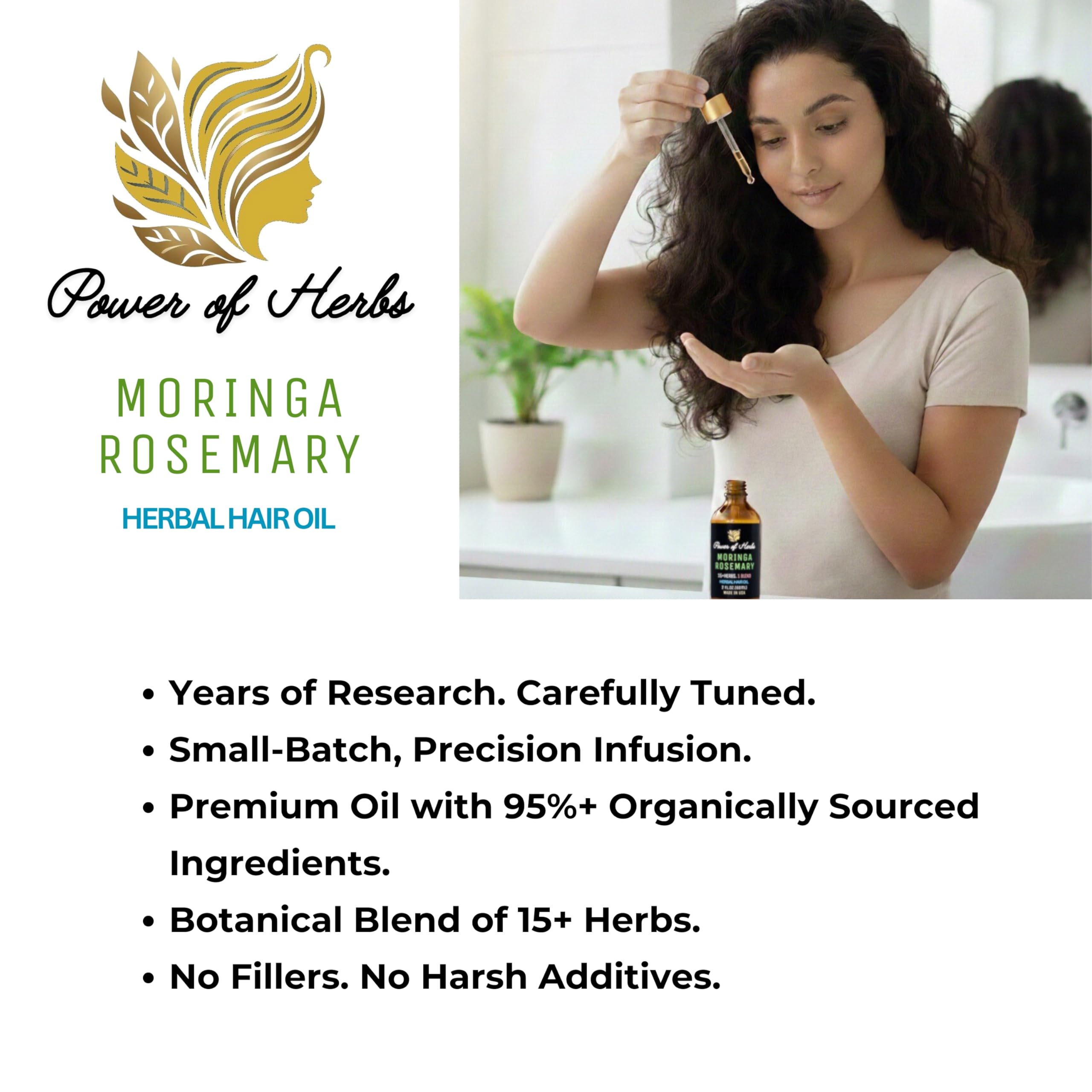 Power of Herbs Moringa Rosemary Ayurvedic Hair Oil - 2 oz, Made in USA