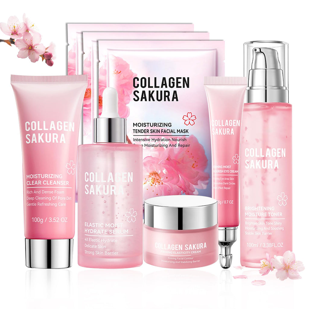 PPPanYiDi 8-Piece Sakura Skincare Set – Travel-Size Hydration with Cleanser, Serum, Toner, Moisturizer & Sheet Masks