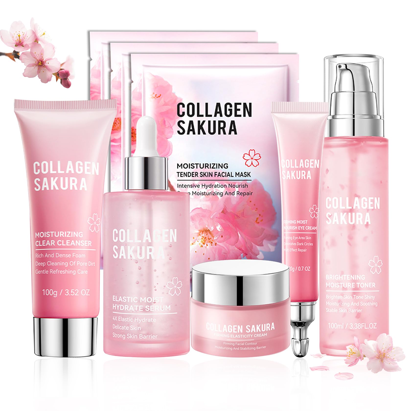 PPPanYiDi 8-Piece Sakura Skincare Set – Travel-Size Hydration with Cleanser, Serum, Toner, Moisturizer & Sheet Masks