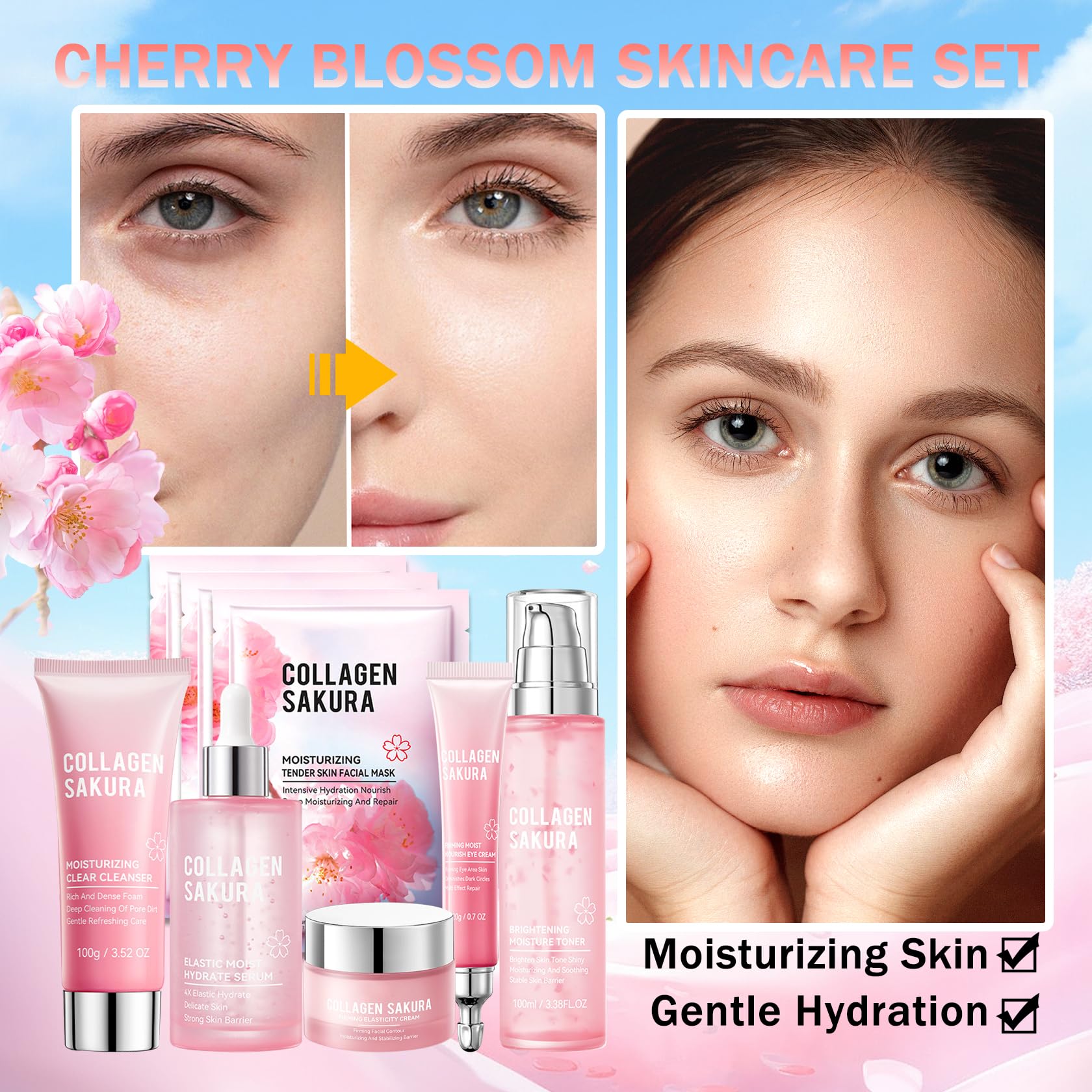 PPPanYiDi 8-Piece Sakura Skincare Set – Travel-Size Hydration with Cleanser, Serum, Toner, Moisturizer & Sheet Masks