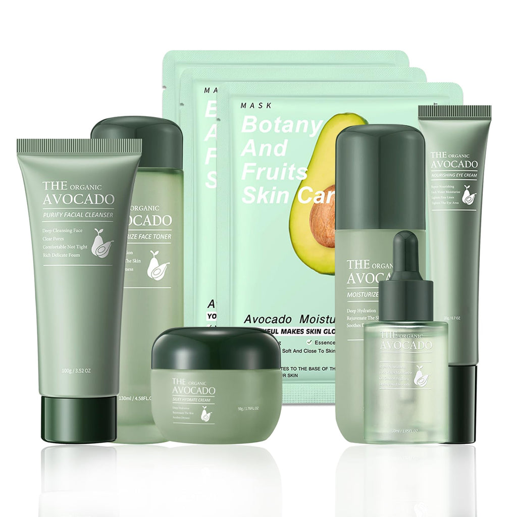 PPPanYiDi Avocado Skincare Set – 9-Piece Hydrating Kit with Cleanser, Toner, Serum, Cream, Lotion & 3 Sheet Masks