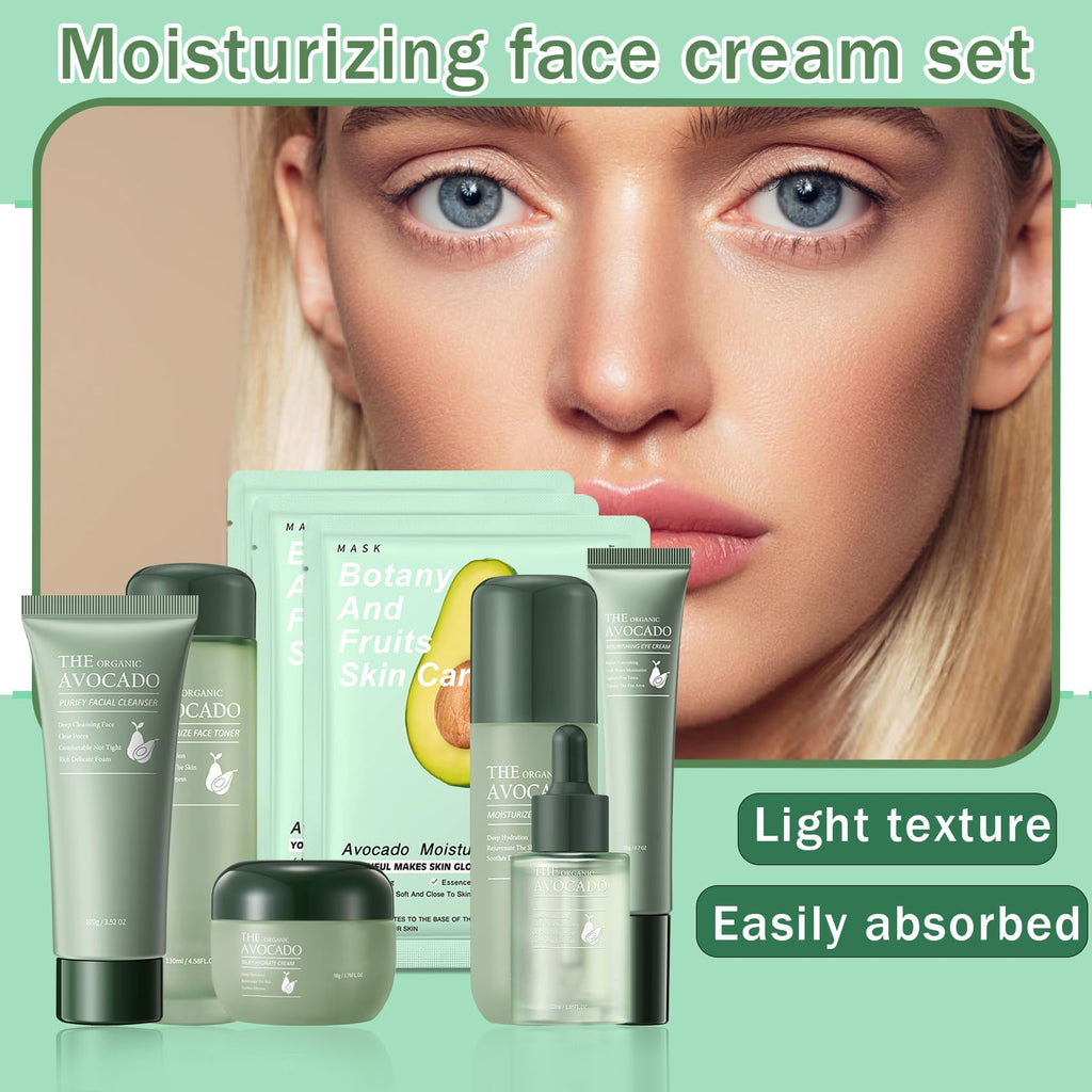 PPPanYiDi Avocado Skincare Set – 9-Piece Hydrating Kit with Cleanser, Toner, Serum, Cream, Lotion & 3 Sheet Masks