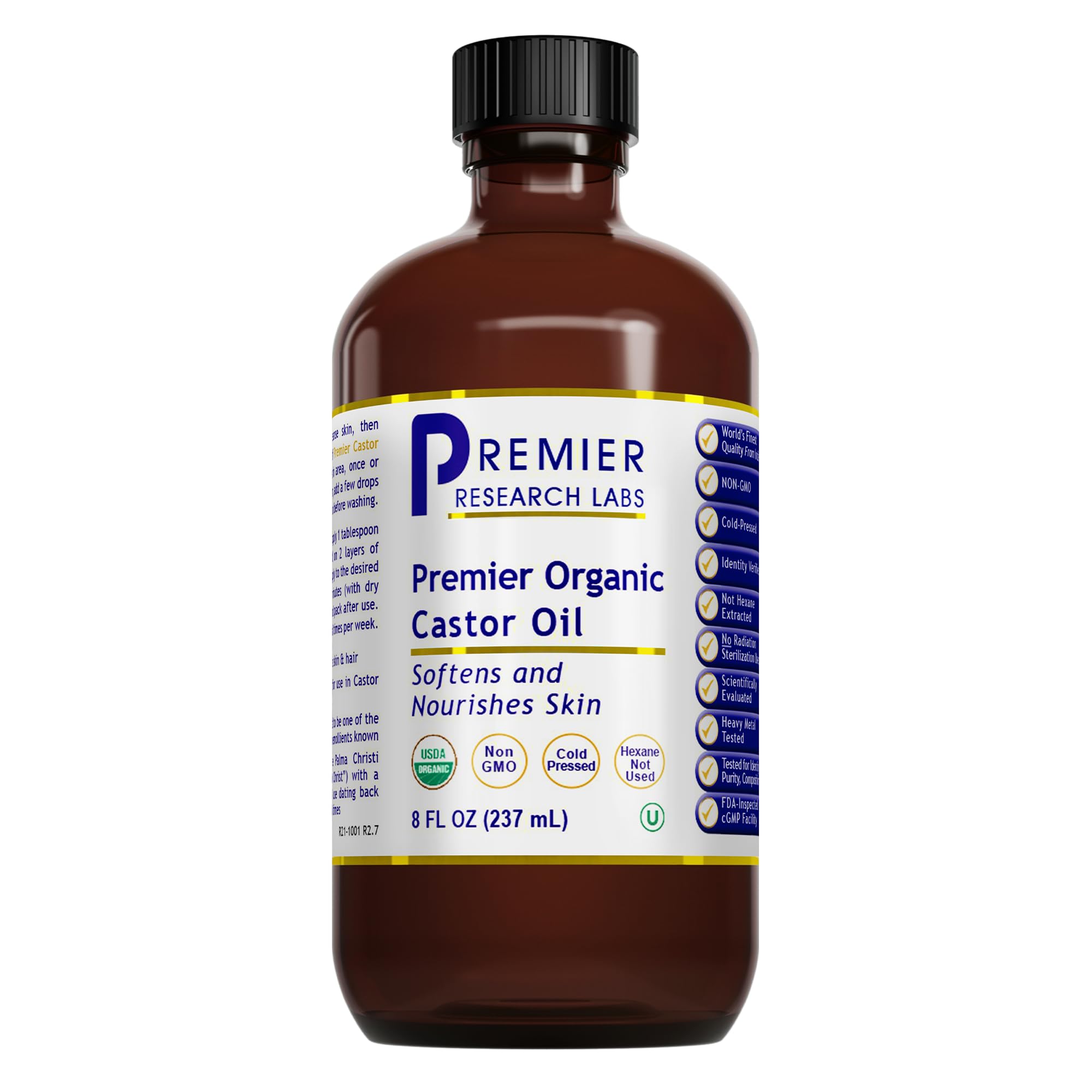 Premier Research Labs Organic Castor Oil – Cold-Pressed, 100% Pure, Hexane Free, 8 oz