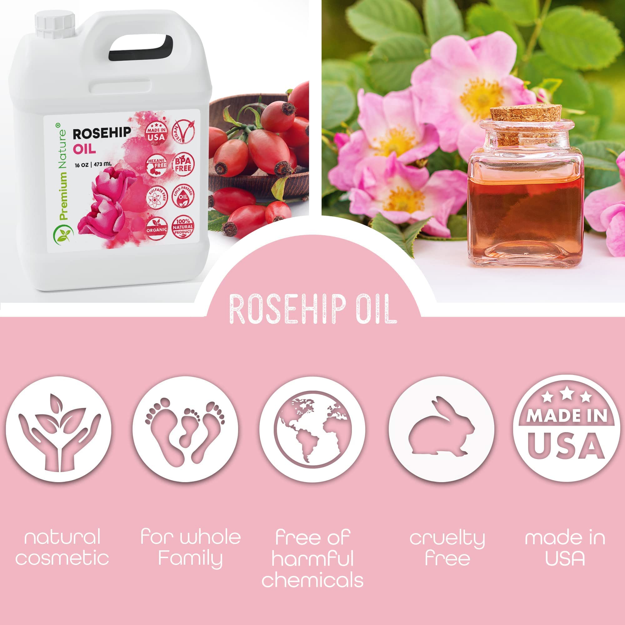 Premium Nature Rosehip Oil – Cold-Pressed 16oz, Organic, Unrefined Seed Oil for Skin, Hair & Nails